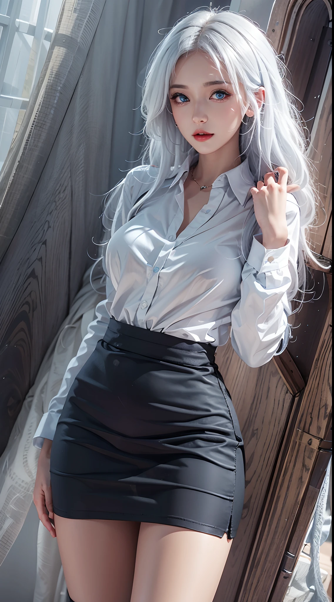 photorealistic, high resolution, soft lights, 1women, solo, hips up, blue eyes, white hair, long hair, shirt, black skirt, thigh highs