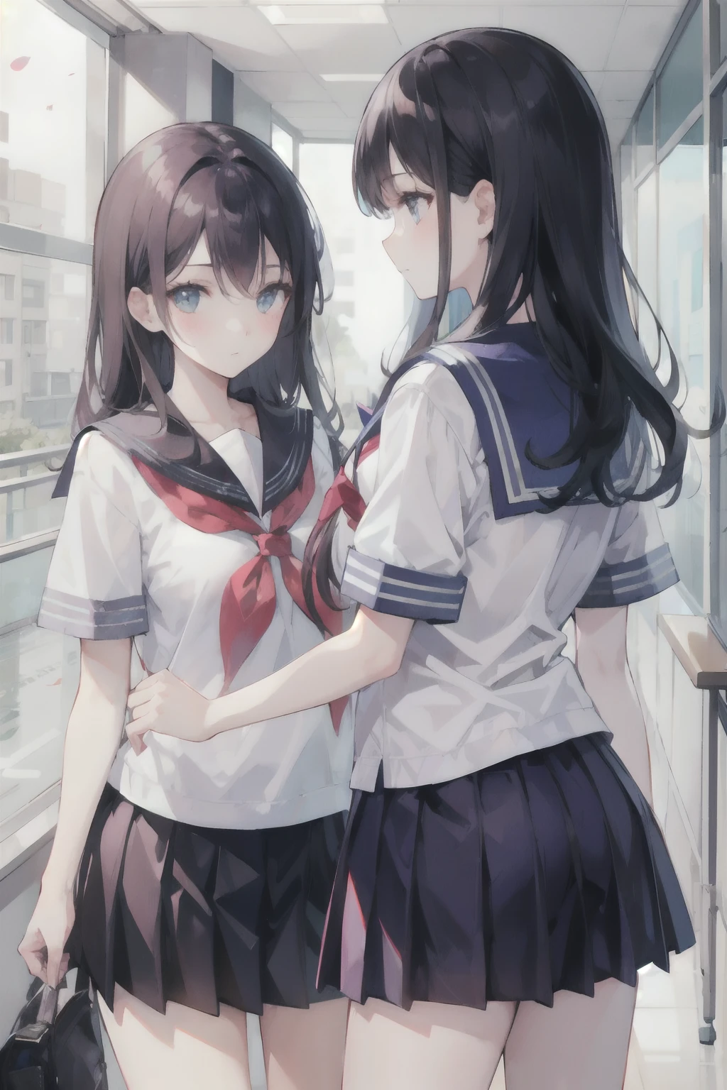 2 girls,The skirt was lifted,Expose panties,Wearing a sailor suit,In the school hallway,In the daytime