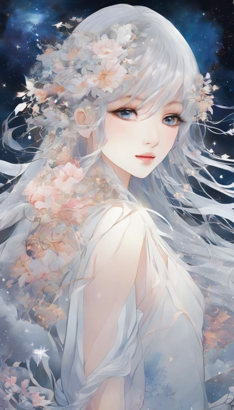 (Best quality,Ultra-detailed,Realistic:1.37),Image of a woman in a flowing chiffon dress,Beautiful and delicate face and lips,Elaborate Eyes,Long eyelashes,Peaceful night sky,The stars twinkle,Ethereal atmosphere