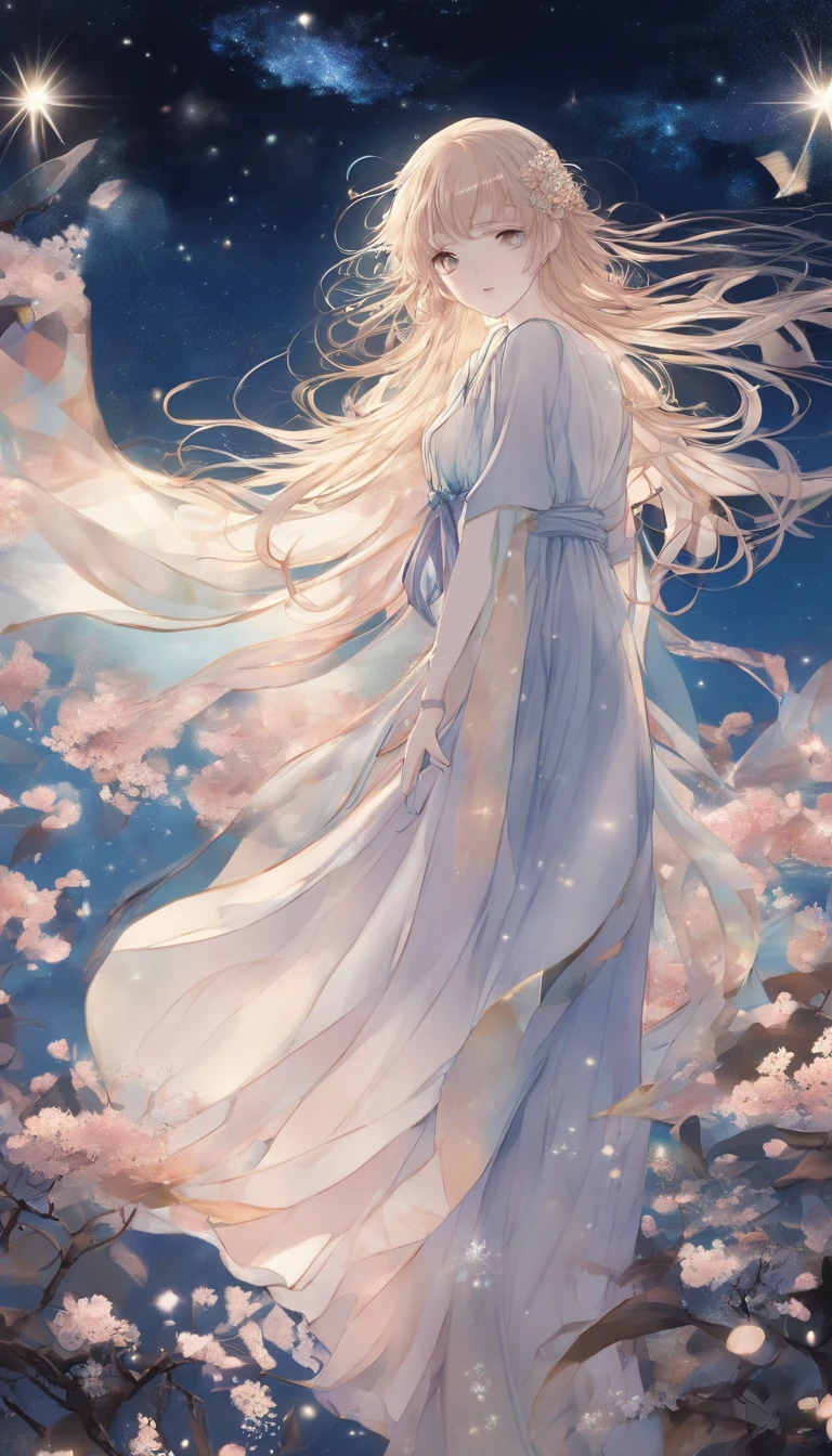 (Best quality,Ultra-detailed,Realistic:1.37),Image of a woman in a flowing chiffon dress,Beautiful and delicate face and lips,Elaborate Eyes,Long eyelashes,Peaceful night sky,The stars twinkle,Ethereal atmosphere