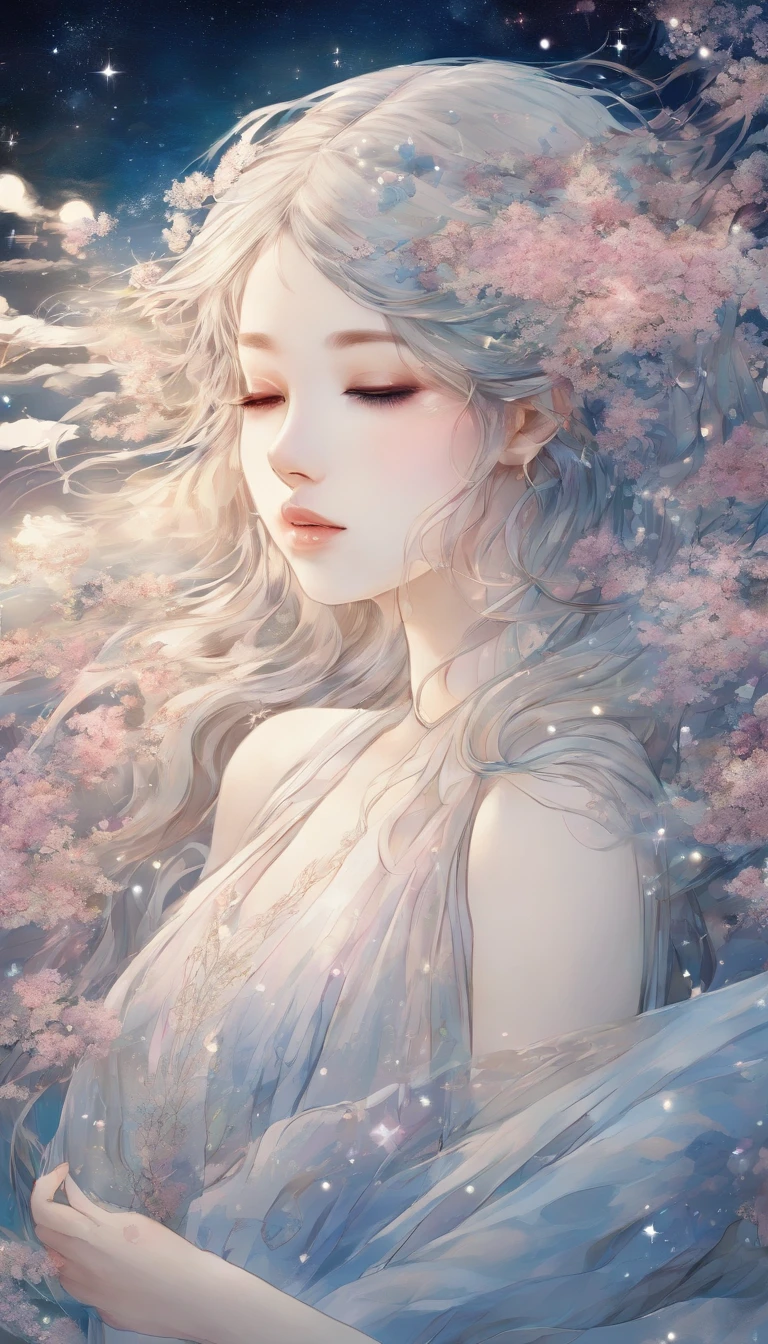 (Best quality,Ultra-detailed,Realistic:1.37),Image of a woman in a flowing chiffon dress,Beautiful and delicate face and lips,Elaborate Eyes,Long eyelashes,Peaceful night sky,The stars twinkle,Ethereal atmosphere