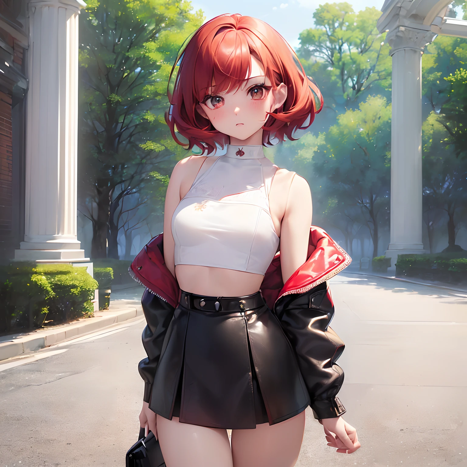 Masterpiece, high resolution, extremely detailed, realistic, 1girl, (((short red hair, brilliant beautiful bright eyes, extremely cute face, round face, big eyes, short, small body, very young, small waist, slender, lovestruck, blushing))), ((white crop top, black leather jacket, short black skirt)), (walking towards viewer, looking at viewer, staring), sunny weather