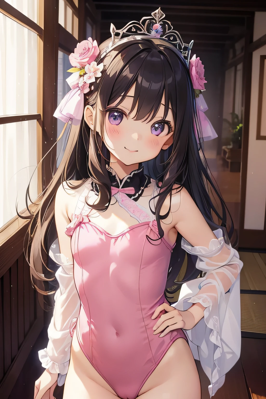 top-quality、extremely delicate and beautiful、Soio、Soio、8--old l、japanes、Lori、Chiquita、elementary stu、((Pink leotard))、(highleg)a room、、Tiara on the head、A smile、is standing、Facing the front