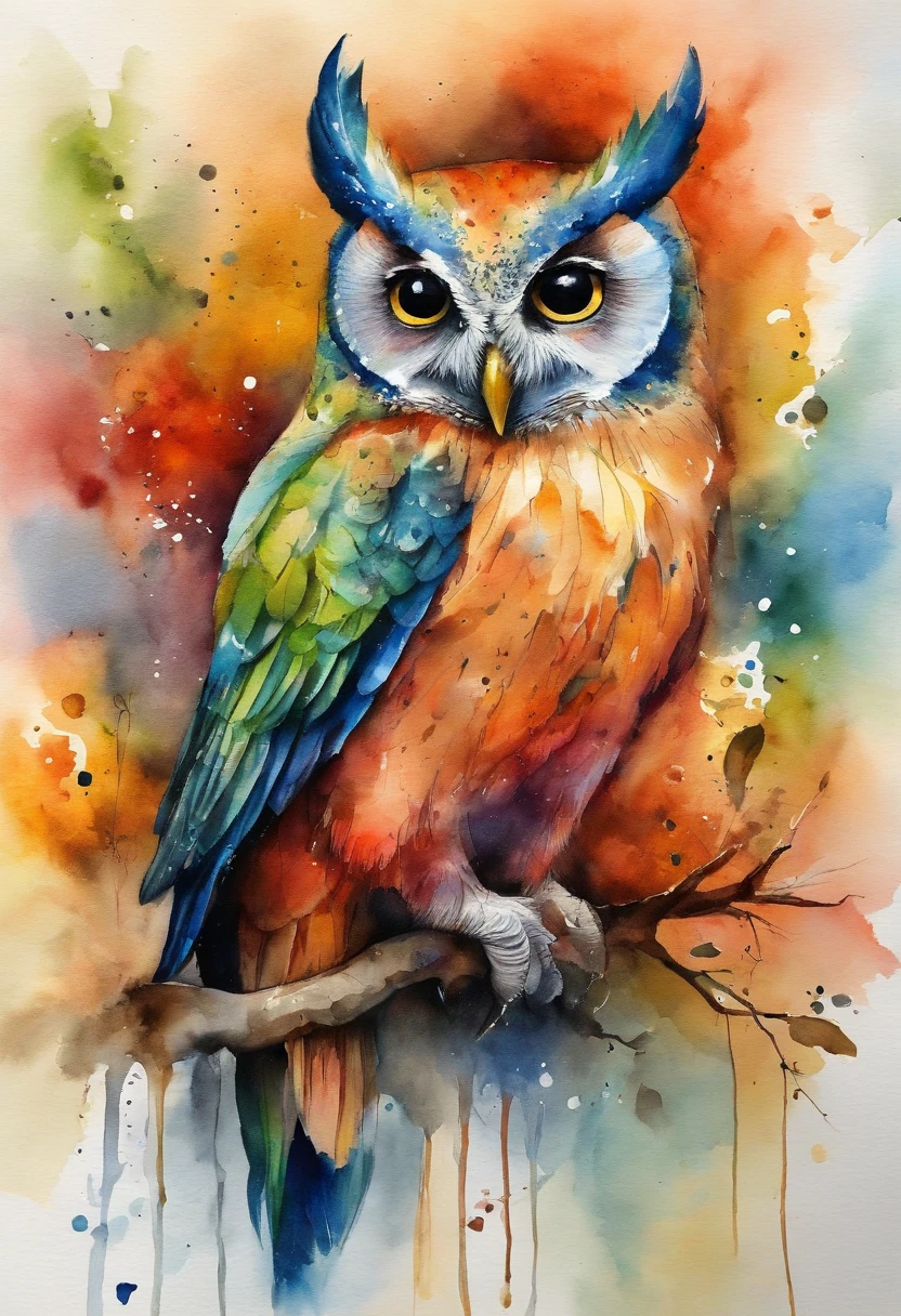 Corujas、Arte por、Artisticamente、3d aquarela abstrata,fundo escuro,high resolution,alta qualidade,colorido、Hareful、abstrair、colorido