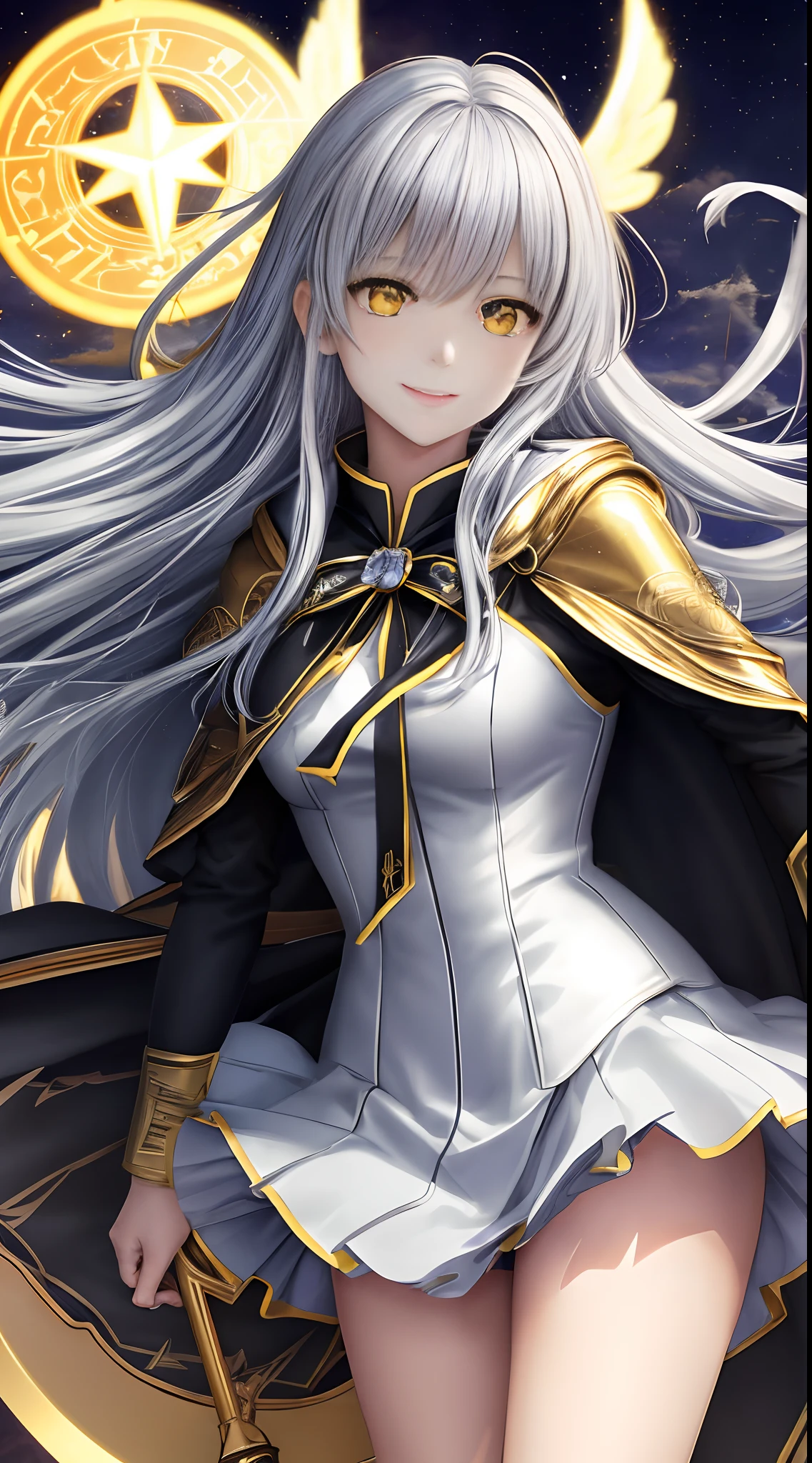 Full Body, Silver-haired young girl, yellow eyes, angelic body and face, and black high school uniform dress with a mini skirt, holding a shield, wearing a cloak, and golden hairpin, dakimakura, red wings, sun, and, high moon background scene, the magic circle with a diamond star, innocent smile, stable diffusion v5, anime style v3, lora style v5, dynamic, image enhance, dream shape, vibrant, realistic face, 32k resolution, upscale, sharp focus, best quality, masterpiece, ghostmix, flat color, flat light.
