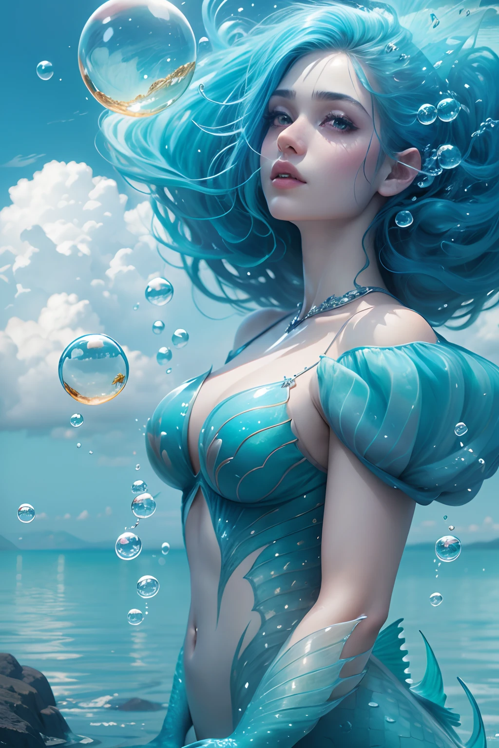 blue hair, Surrealism, 8k, super detail, fairy mermaid maiden, full body, bubbles, dreamy scenery, clouds,