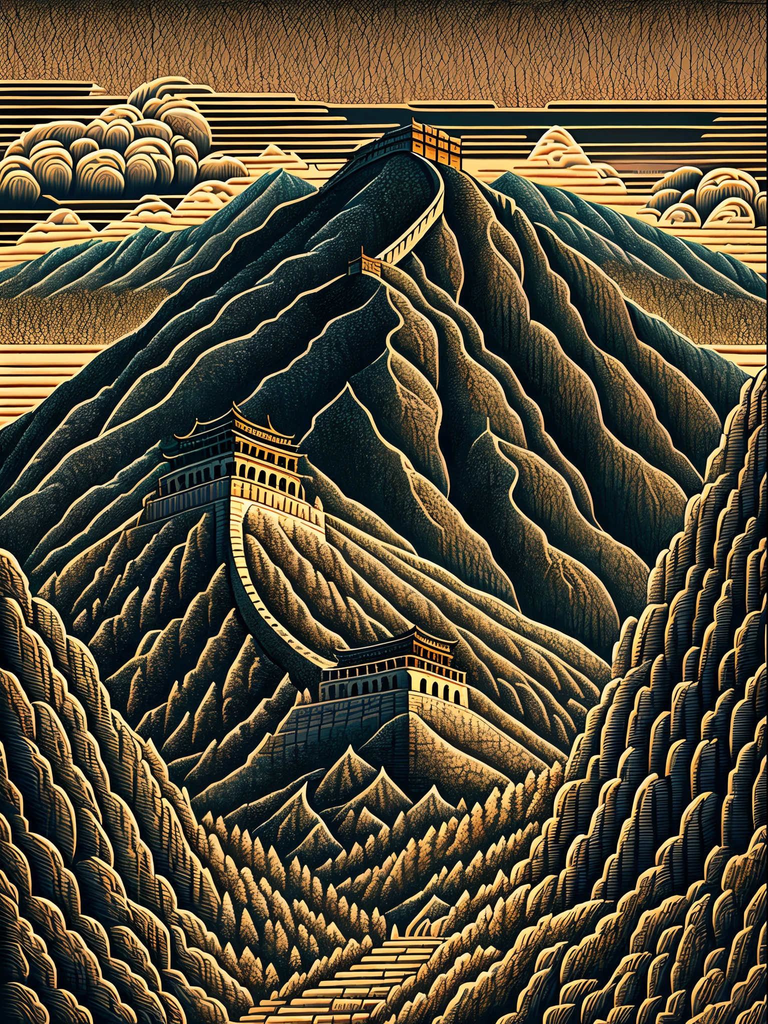 The Great Wall and the mountains,the great wall,Printmaking style,vectorised,ultra - detailed,Detailed painting style,8k,astonishing detail。