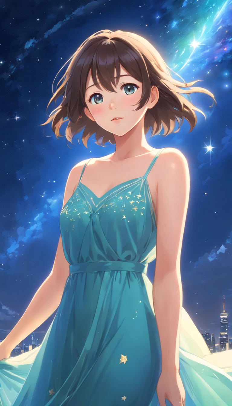 (Best quality,Ultra-detailed,Realistic:1.37),Image of a woman in a flowing chiffon dress,Beautiful and delicate face and lips,Elaborate Eyes,Long eyelashes,Peaceful night sky,The stars twinkle,Ethereal atmosphere
