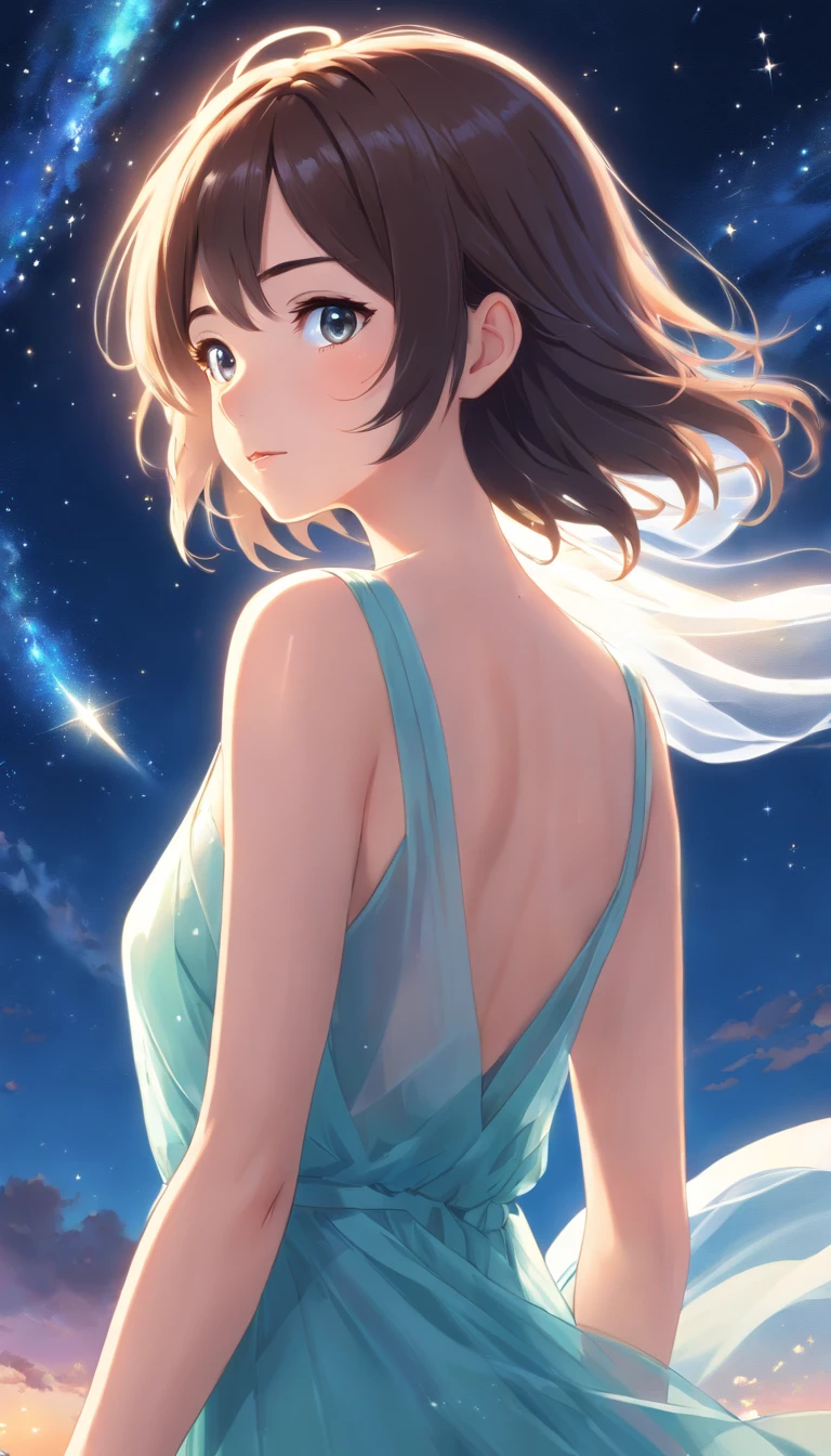 (Best quality,Ultra-detailed,Realistic:1.37),Image of a woman in a flowing chiffon dress,Beautiful and delicate face and lips,Elaborate Eyes,Long eyelashes,Peaceful night sky,The stars twinkle,Ethereal atmosphere