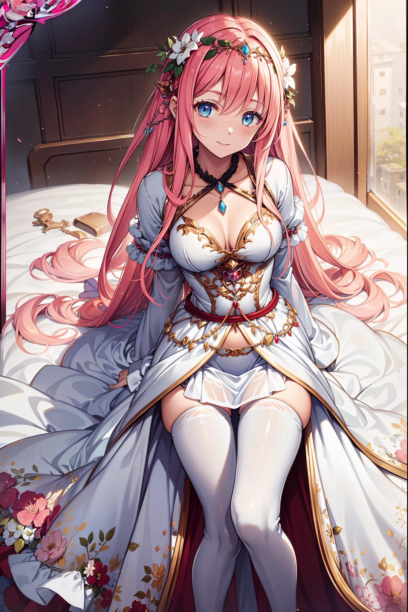 (Best quality,4K,8K,A high resolution,Masterpiece:1.2),Ultra-detailed,faeries,Garland headdress，teens girl,Enchanting,Smart,cheerfulness,divino,Light pink hair,((White Western dress)),(Transparent clothing),Floral decoration，exquisite costumes,A small amount of lace,Bedrooms,solo person,the night,Transparent pantyhose,Fleece,Lie down，eBlue eyes