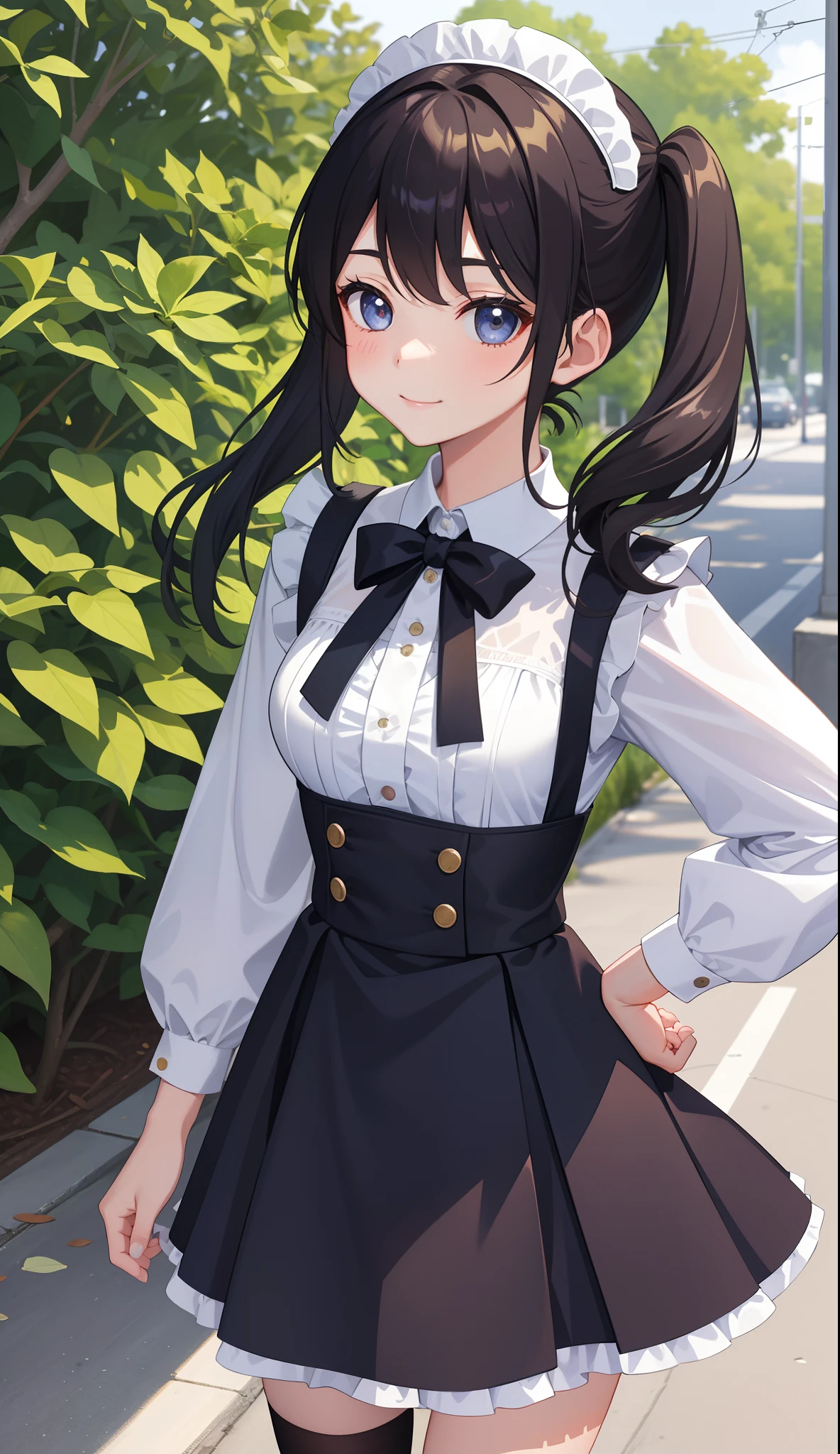 1girl in、AS-Adult、A smile、The shirt、Ultra mini skirt、pantiy、(small tits)、doress、pinafore、Hair decoration、(Maid costume)、Walking with a thigh、Upper body portrait、