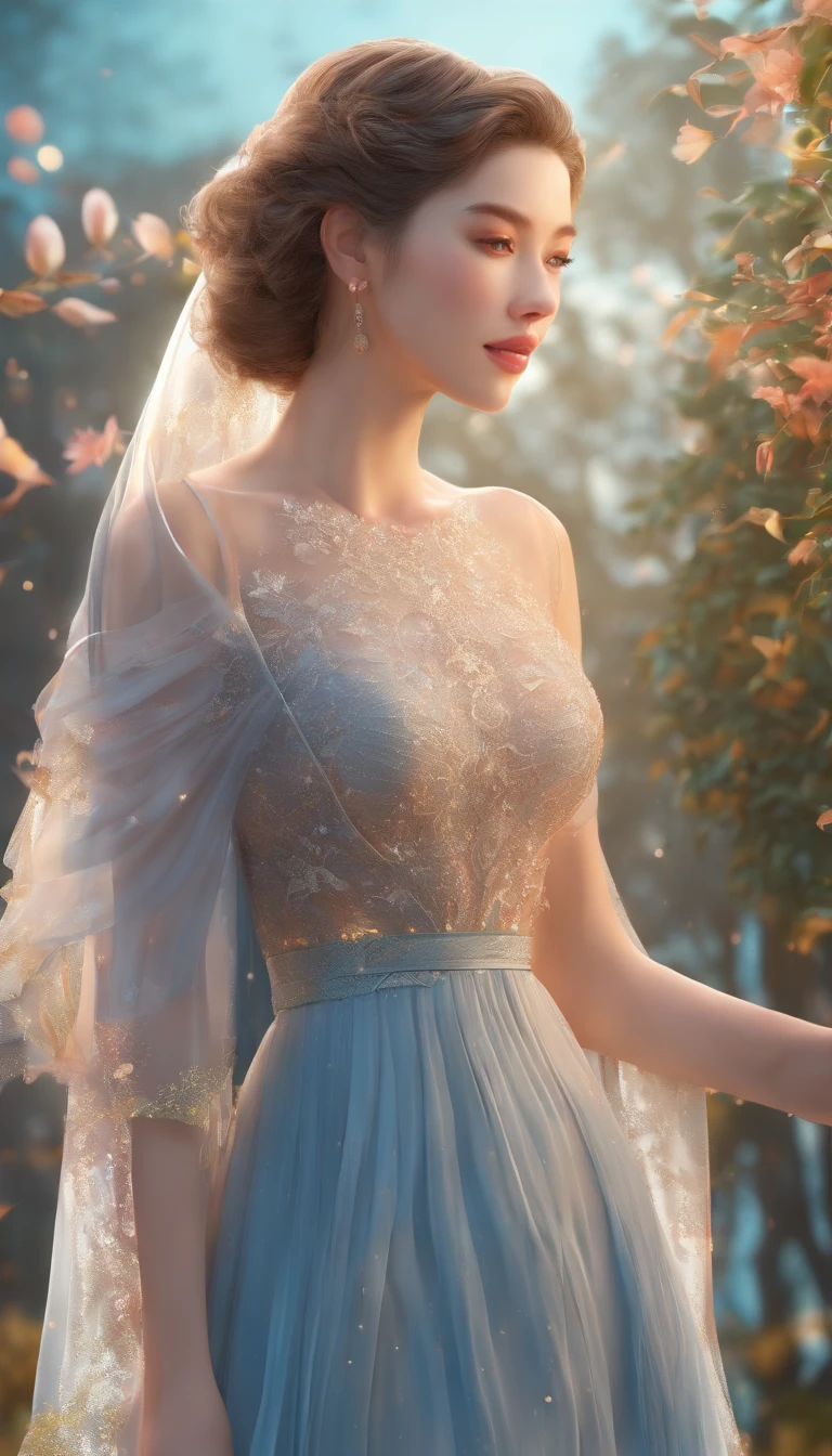 (Best quality,Ultra-detailed,Realistic:1.37),Image of a woman in a flowing chiffon dress,Beautiful and delicate face and lips,Elaborate Eyes,Long eyelashes,Peaceful night sky，The stars twinkle,Ethereal atmosphere