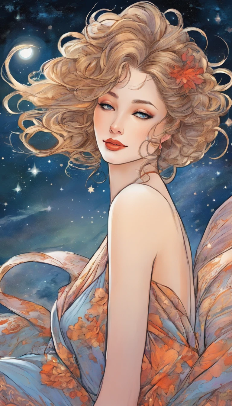 (Best quality,Ultra-detailed,Realistic:1.37),Image of a woman in a flowing chiffon dress,Beautiful and delicate face and lips,Elaborate Eyes,Long eyelashes,Peaceful night sky,The stars twinkle,Ethereal atmosphere