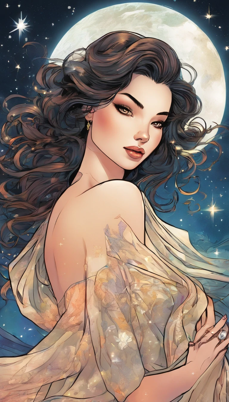 (Best quality,Ultra-detailed,Realistic:1.37),Image of a woman in a flowing chiffon dress,Beautiful and delicate face and lips,Elaborate Eyes,Long eyelashes,Peaceful night sky，The stars twinkle,Ethereal atmosphere