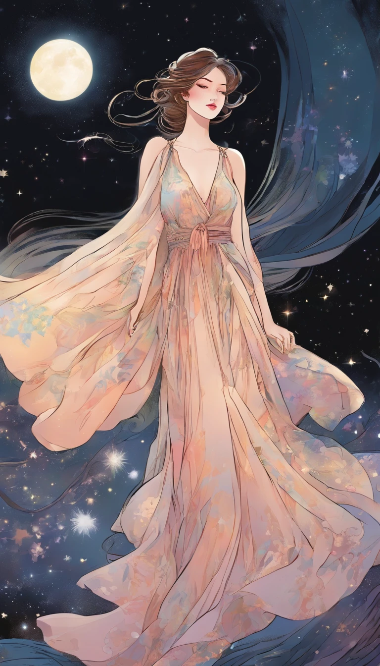 (Best quality,Ultra-detailed,Realistic:1.37),Image of a woman in a flowing chiffon dress,Beautiful and delicate face and lips,Elaborate Eyes,Long eyelashes,Peaceful night sky,The stars twinkle,Ethereal atmosphere