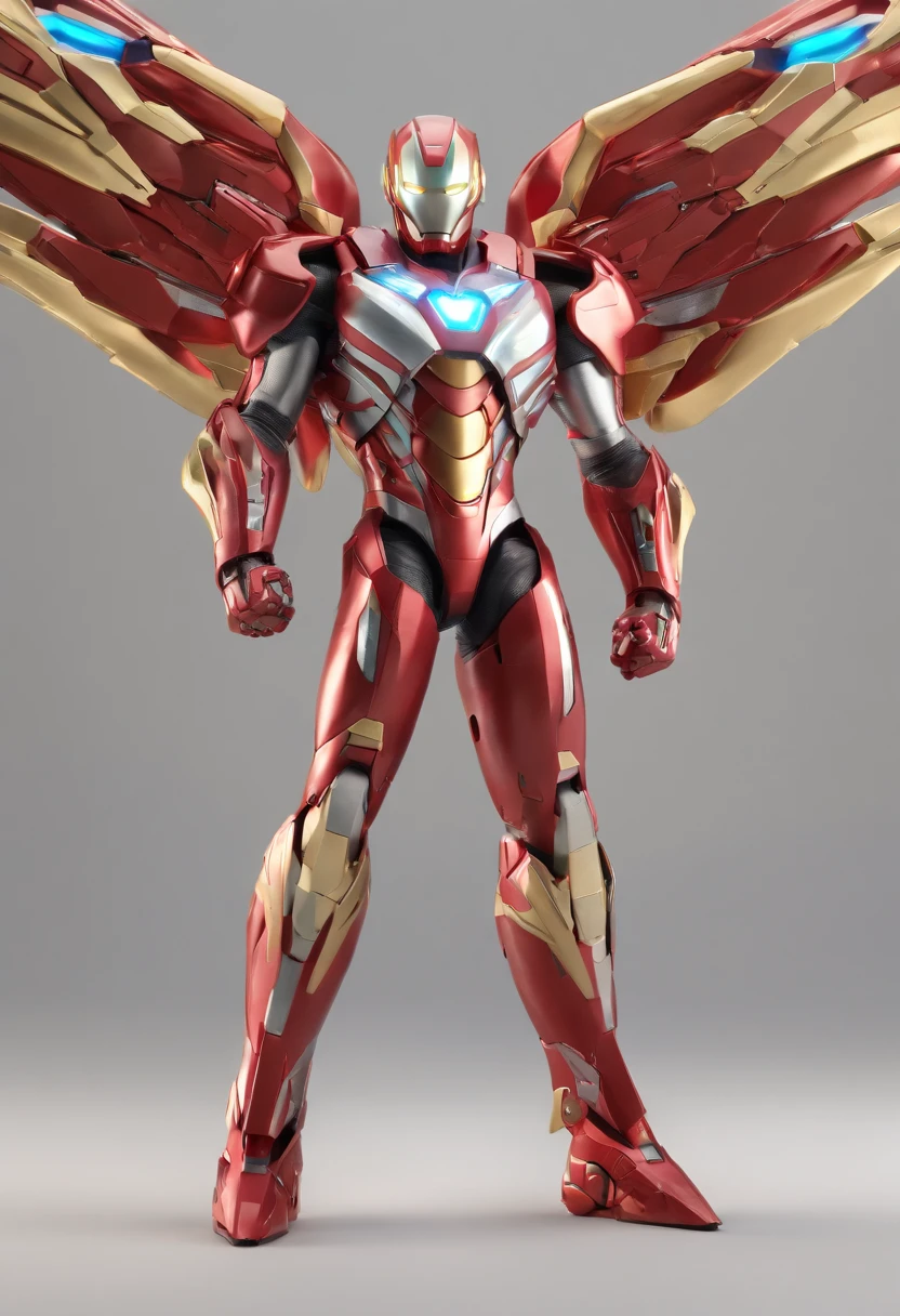 (best quality,4k,8k,highres,masterpiece:1.2),ultra-detailed,(realistic,photorealistic,photo-realistic:1.37),Ultraman wearing an Iron Man Mark 42 suit with wings and multiple guns, viewed from a third person perspective.