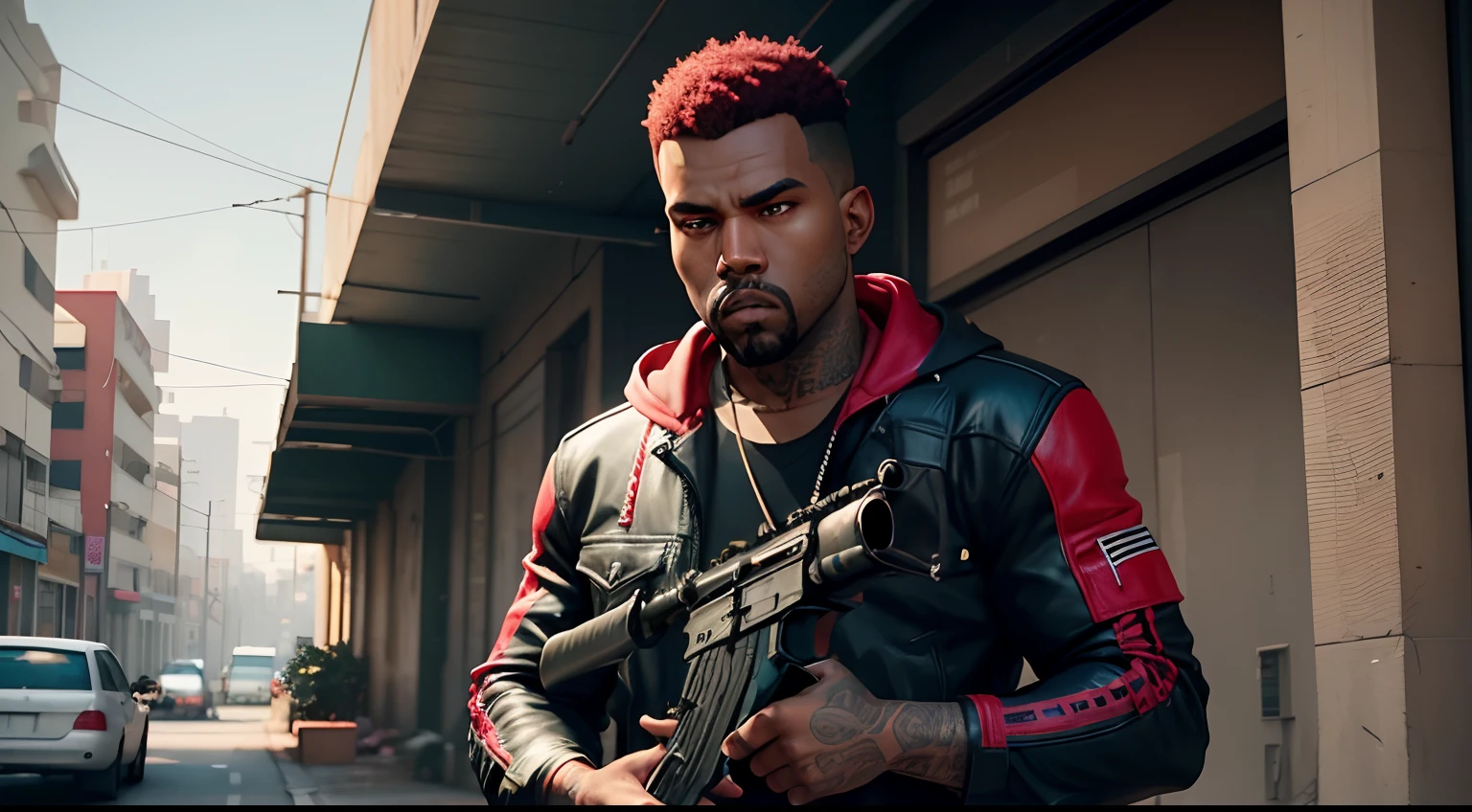 Kanye West em Gtav, empunhando fuzil de assalto, rifle in hand, Fuzil AK 47, slum scenery.