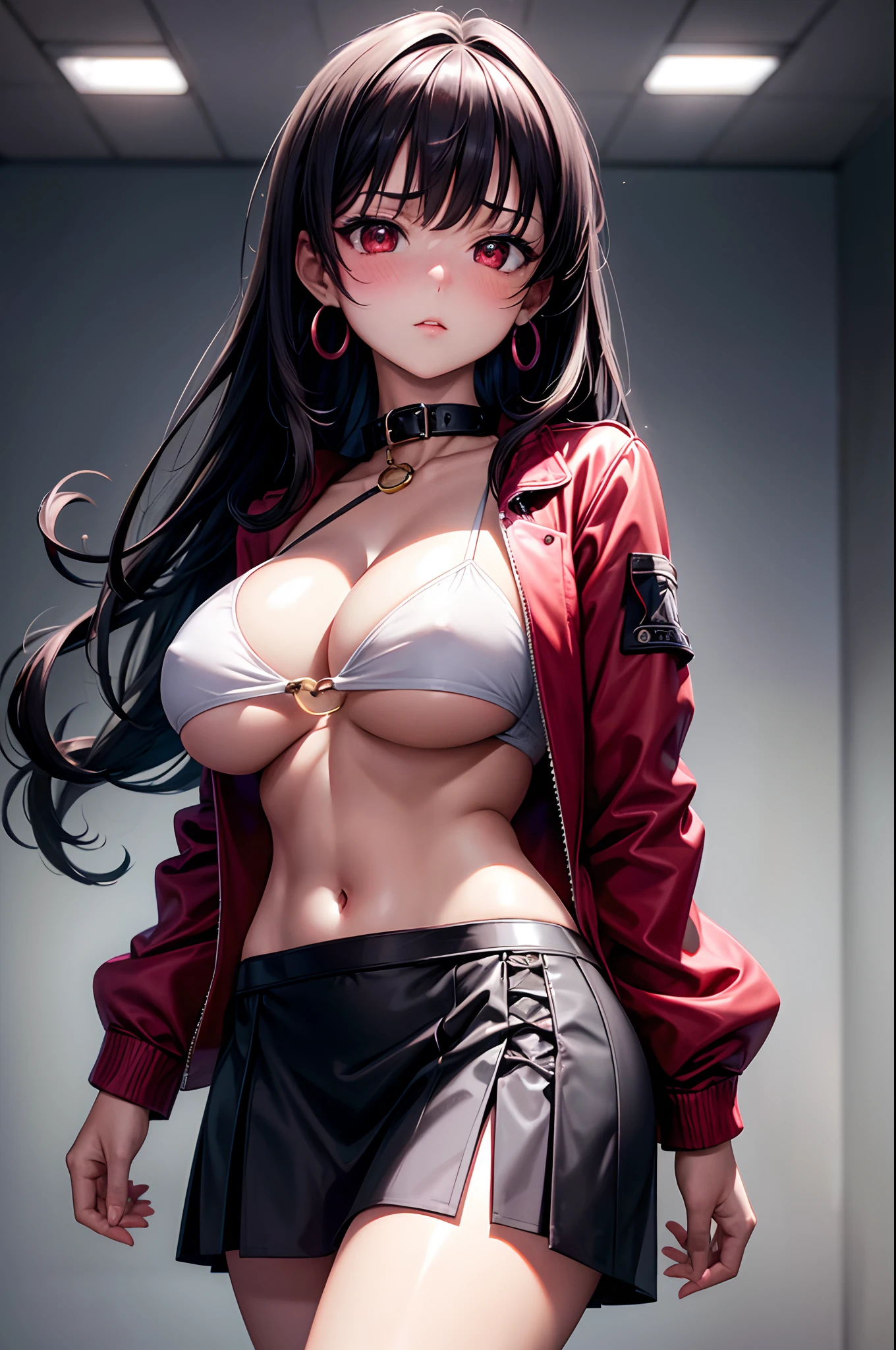 1girl, absurdres, high res, ultrasharp, 8K, masterpiece, looking at viewer, human, thighs, breasts, huge breasts, cleavage, underboob, long hair, black hair, red eyes, earrings, collar, crop top, open jacket, skirt, naval, blush, transparent