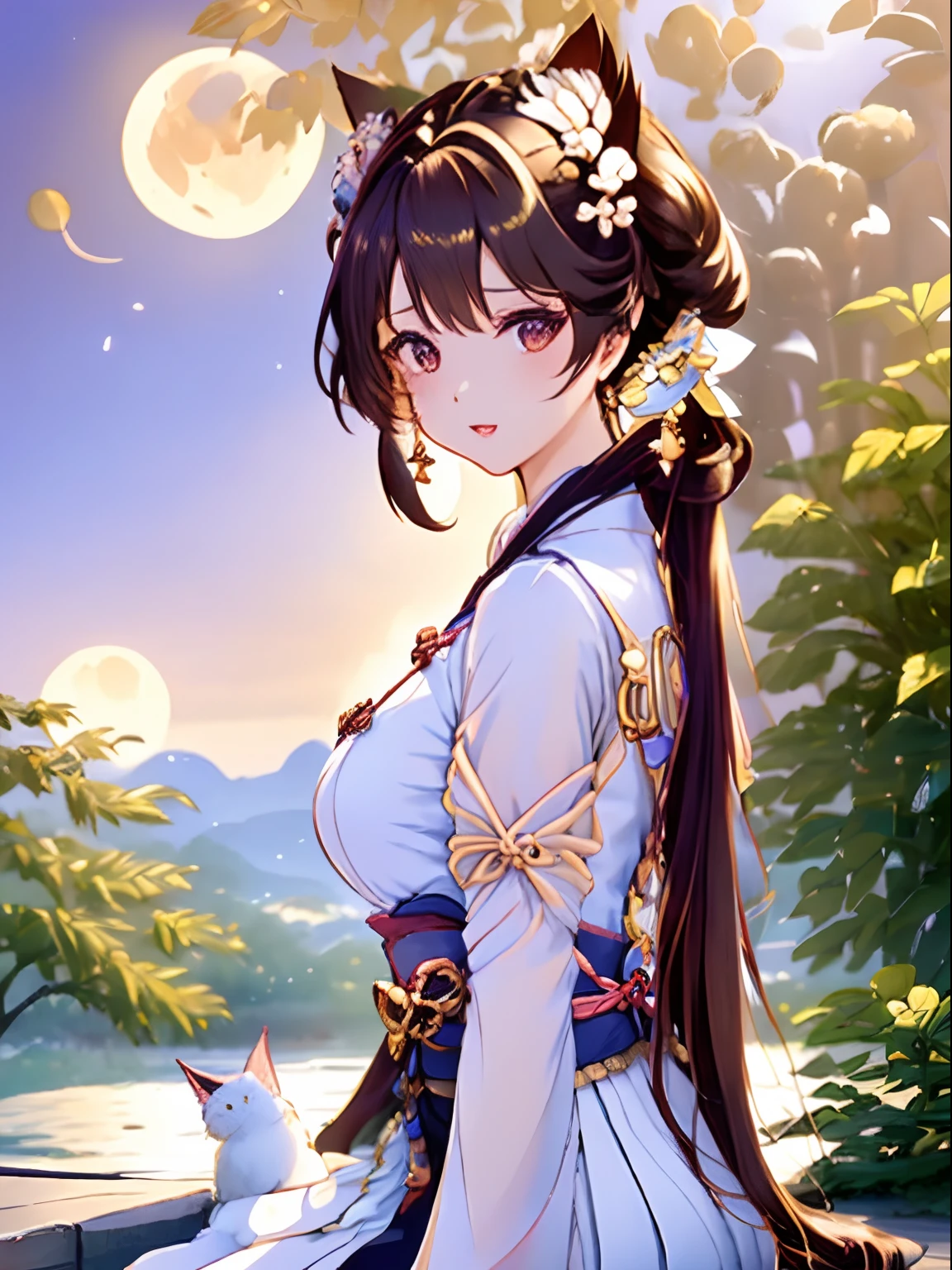 one girl, brown hair, japan village, Lumine /(Genshin Impact/), cat ear, sexy, ultra HD, detailed hand