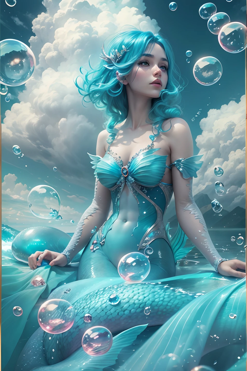 blue hair, Surrealism, 8k, super detail, fairy mermaid maiden, upper body, bubbles, dreamy scenery, clouds,