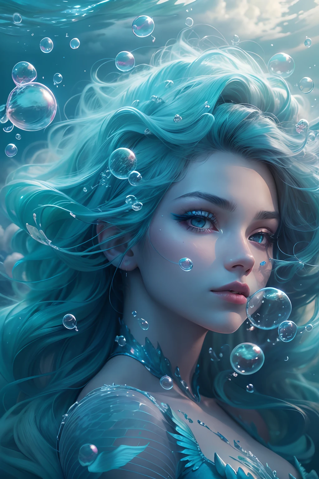 blue hair, Surrealism, 8k, super detail, fairy mermaid maiden, upper body, bubbles, dreamy scenery, clouds,