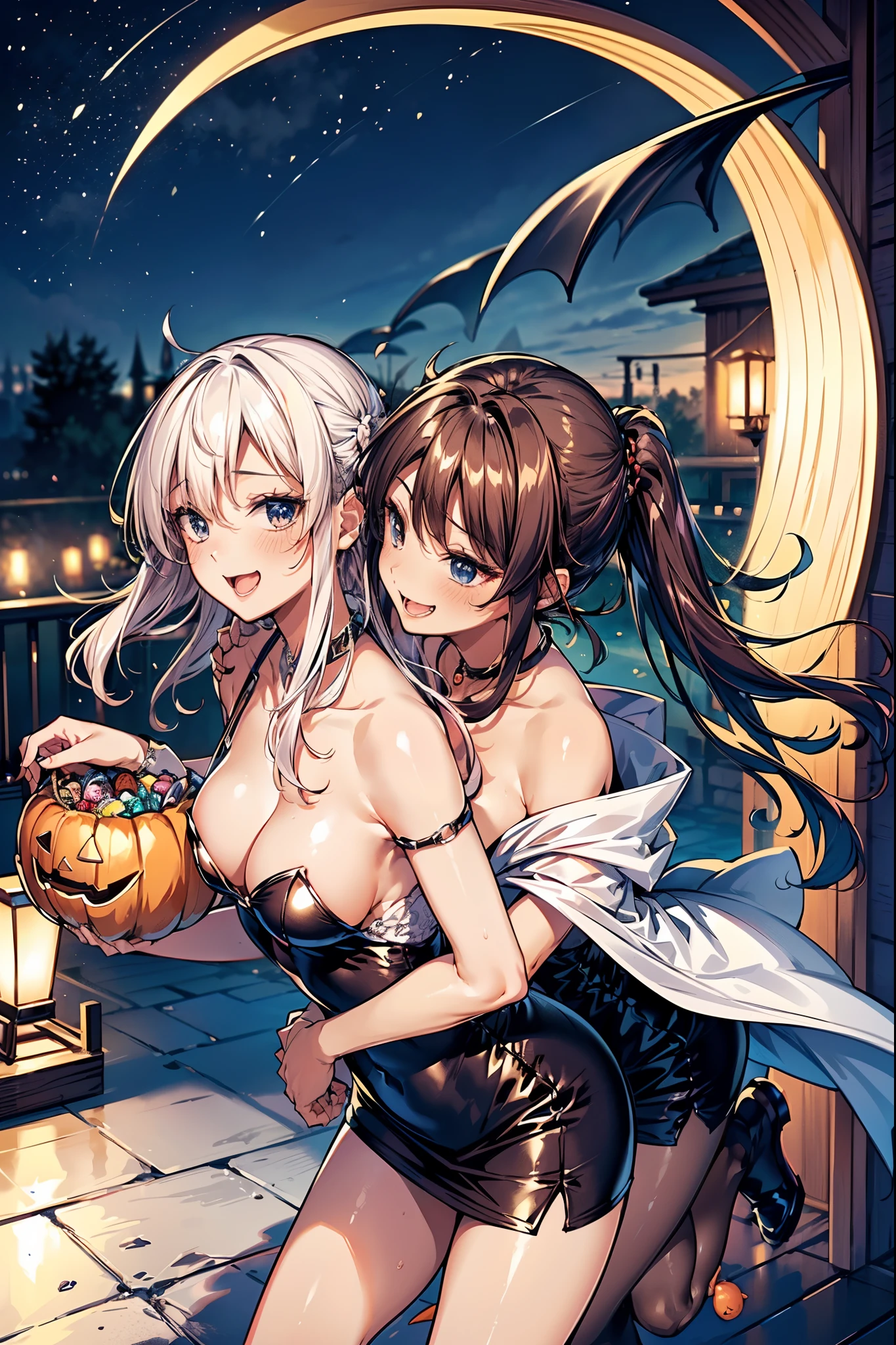 Group shot, 2 cute anime girls (running fast:1.2, hugging ???????????), (2Girls, pair:1.2), cozy wallpaper, anime moe artstyle, kantai collection style, 4 k manga wallpaper, anime visual of a cute girl, anime wallaper, anime style 4 k, trick or treat, halloween, Jack O lantern, basket filled of many candies, ((high detailed witch outfits:1.2, robe, witch's pointing hats:1.2)), (vampire costume:1.2), ((dark chestnut medium short hair:1.25, updo, wavy hair)), outdoor, in a park, (blurry background, bokeh), (in a night:1.2), ((ultra high resolution, 8K RAW photo, photo realistics:1.2)), fine detailed face, beautiful detailed eyes, ultra detailed smooth skin, (looking away, laughing, surprising:1.2), ((sfw:1.25)), (correct ???????:1.5), (dutch angle:1.2, wide shot:1.3, from above),