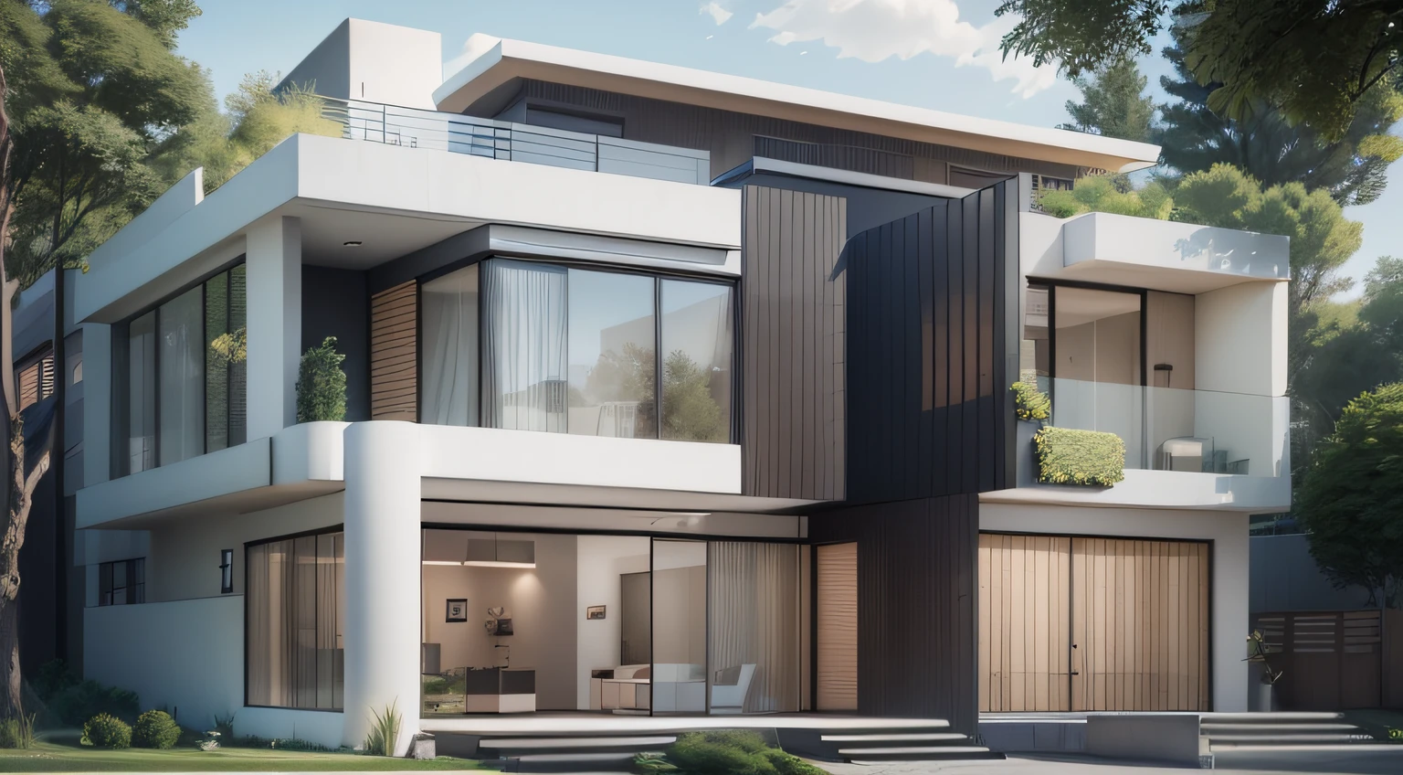 rendering of a modern house with bancony, wide 5 meter, 2 floors, modern house, front view, architectural rendering, front view, exterior design, wide shot, architectural rendering, styled simple realism, aerial view, concept house, detailed rendering, concept rendering, architectural ideas, large modern residence, facade, curved shape