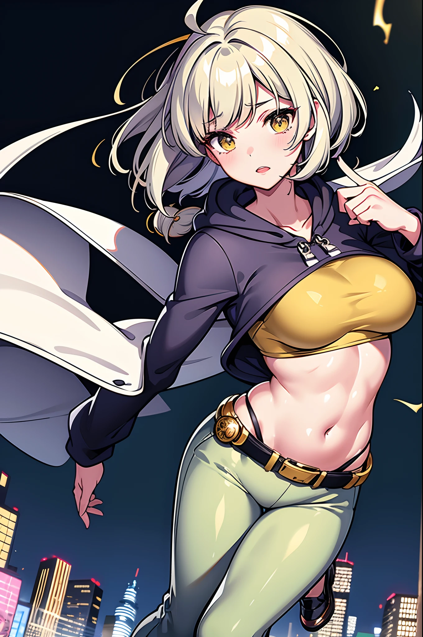 Yellow, gray, navy and dark green color scheme。Curvaceous but slender、silber hair、ornament detached、psychic、accessorized、Muchimuchi Body、mole、Distinctive charm points、Eyebrows、Sareme、poneyTail、Muscular nose、short-haired、super powers、Half-taken off hoodie、knit hat、red blush、plump lips、Physical beauty、disheveled hair、Trendy fashion、Anime style、animesque、Oversized trousers、unreal、Depiction in motion、(top-quality、hight resolution、8k、masterpiece:1.2)。Beautiful muscular woman、Roaring in the middle of a modern metropolis lined with urban skyscrapers。Her muscles are、It shows overwhelming strength.、The figure is magnificent and powerful.。 Women use their superpowers、With the energy emanating from the palm of your hand、Skyscrapers and roads、vehicle、Next Bridge々and collapsing。Huge stones and waves of energy shatter buildings、It's transforming the landscape of the city。Sparks flutter、Rubble lifts、The energy of destruction is wafting around her。 Although its power is overwhelming、At the same time it is in harmony with beauty。 This scene is、Drawing the contrast between power and destruction、It expresses a woman's sense of mission and determination.、By understating the destructive element、Focuses on the aesthetic aspect。