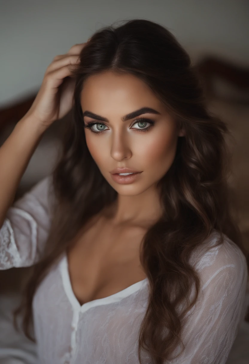 Arafed woman completely, marocaine, fille sexy aux yeux vert, ultra realist, Meticulously detailed, Portrait Sophie Mudd, cheveux bruns et grands yeux, selfie of a young woman, Yeux de chambre, Violet Myers, sans maquillage, maquillage naturel, looking straight at camera, Visage avec Artgram, Maquillage subtil, Great photo of the whole body kneeling on the bed, dans la chambre, Medium to large bust