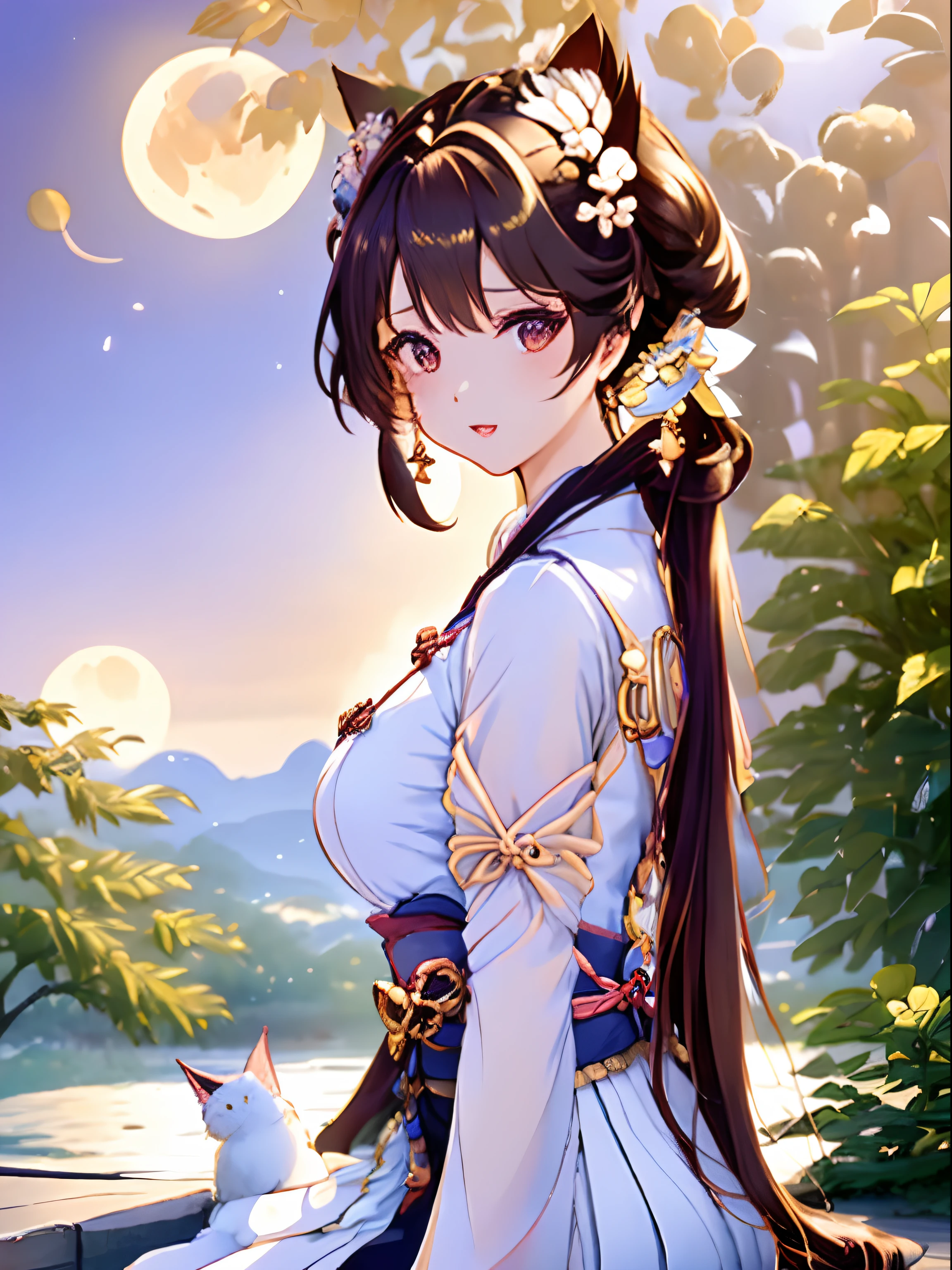 one girl, brown hair, japan village, Lumine /(Genshin Impact/), cat ear, sexy, ultra HD, detailed hand