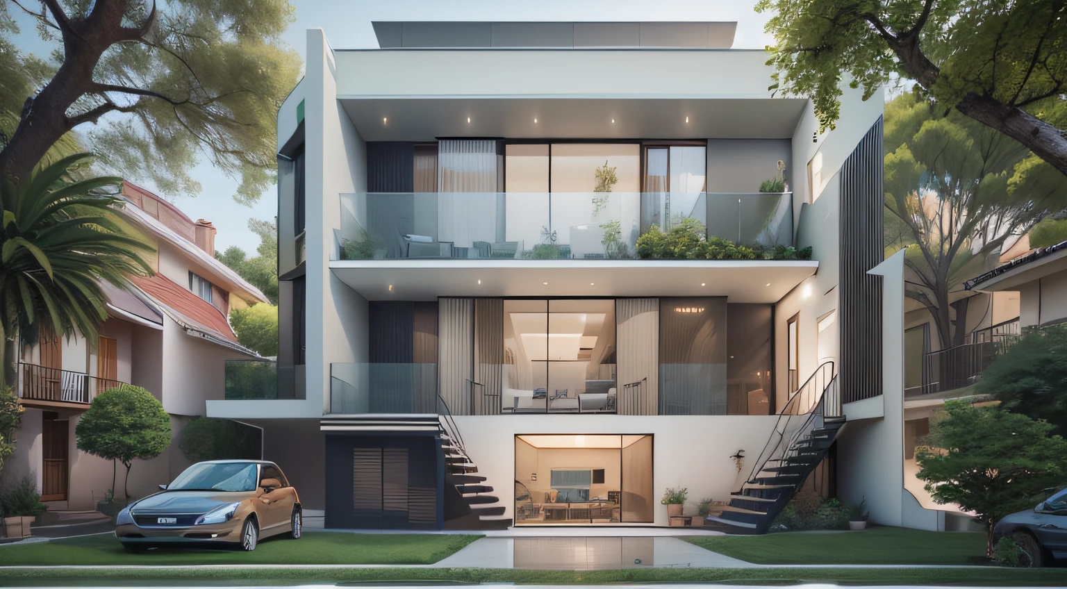 rendering of a modern house with bancony, wide 5 meter, 2 floors, modern house, front view, architectural rendering, front view, exterior design, wide shot, architectural rendering, styled simple realism, aerial view, concept house, detailed rendering, concept rendering, architectural ideas, large modern residence, facade, curved shape