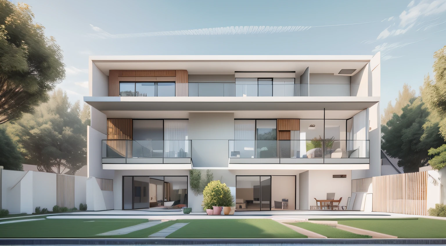 rendering of a modern house with a balcony, concept house, 3 d vray render, complete house, front perspective, wide angle exterior 2022, frontview, overall architectural design, vray render, all white render, front elevation view, render vray, inter dimensional villa, exterior design, wide 5 meter