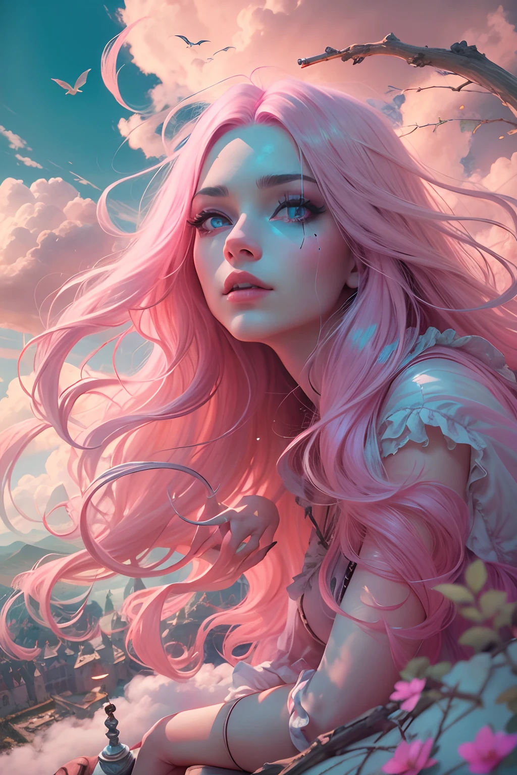 long pink hair, Surrealism, 8k, super detail, witch, sitting on a flying broom, blue sky, clouds, beautiful scenery