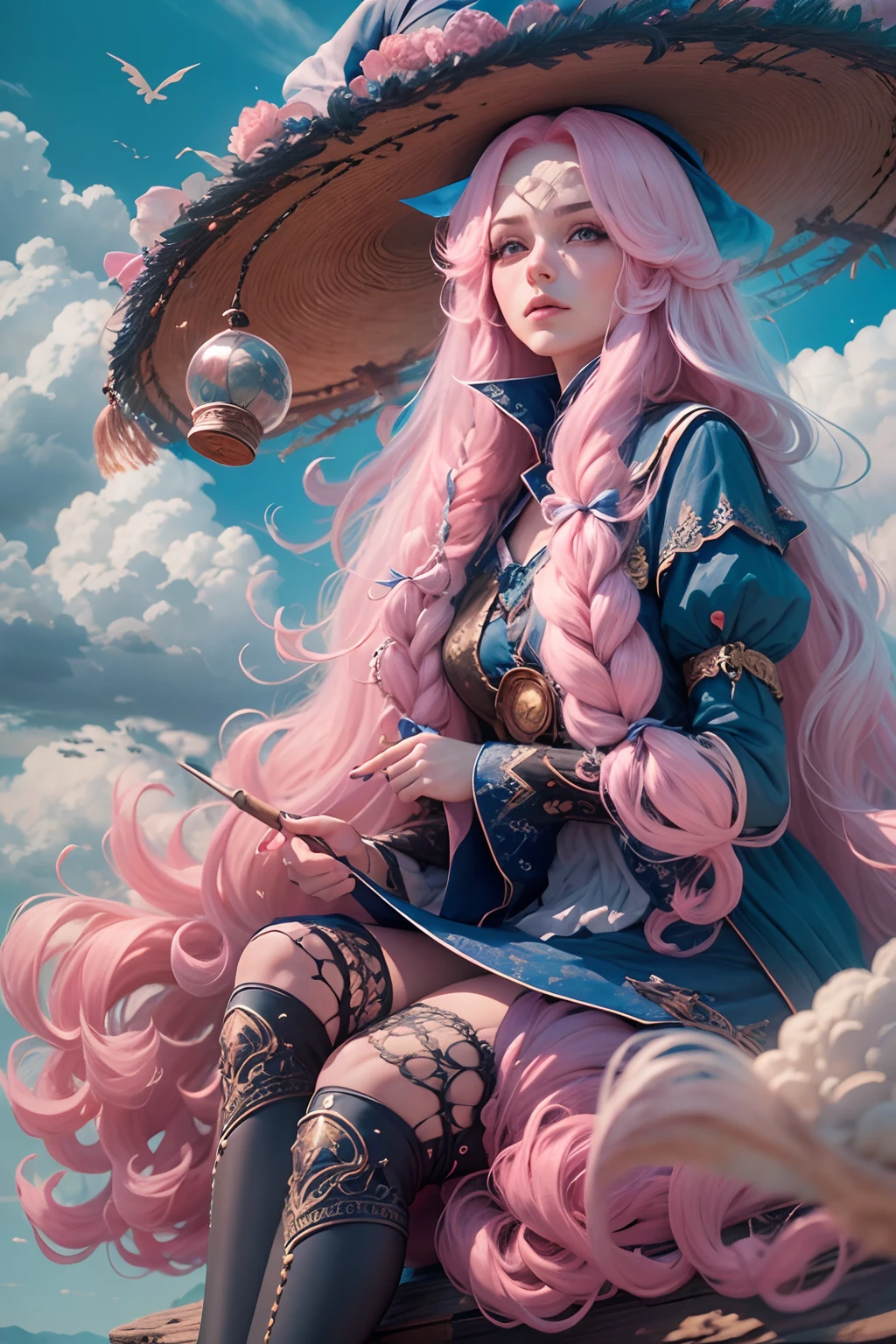 long pink hair, Surrealism, 8k, super detail, witch, sitting on a flying broom, blue sky, clouds, beautiful scenery