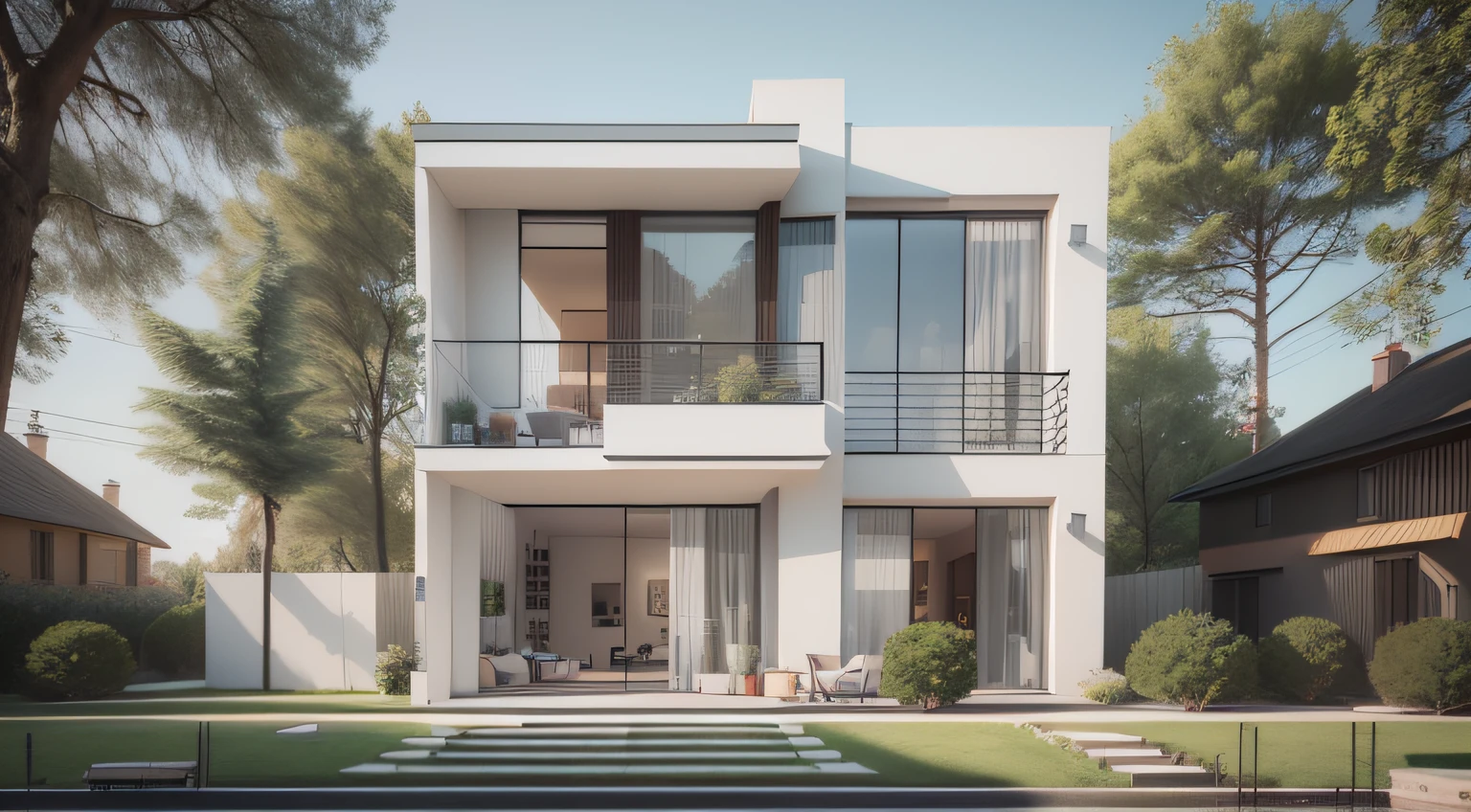 rendering of a modern house with a balcony, concept house, 3 d vray render, complete house, front perspective, wide angle exterior 2022, frontview, overall architectural design, vray render, all white render, front elevation view, render vray, inter dimensional villa, exterior design, wide 5 meter