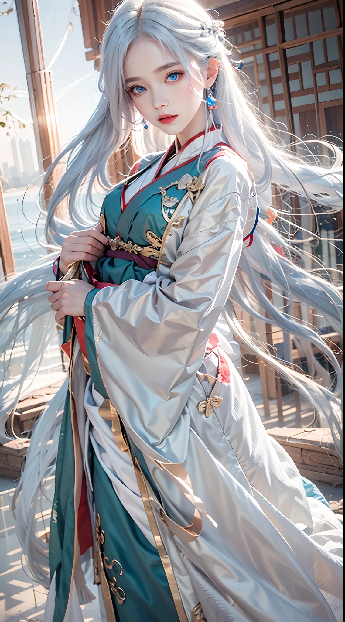 photorealistic, high resolution, soft lights, 1women, solo, hips up, blue eyes, white hair, long hair, hanfu