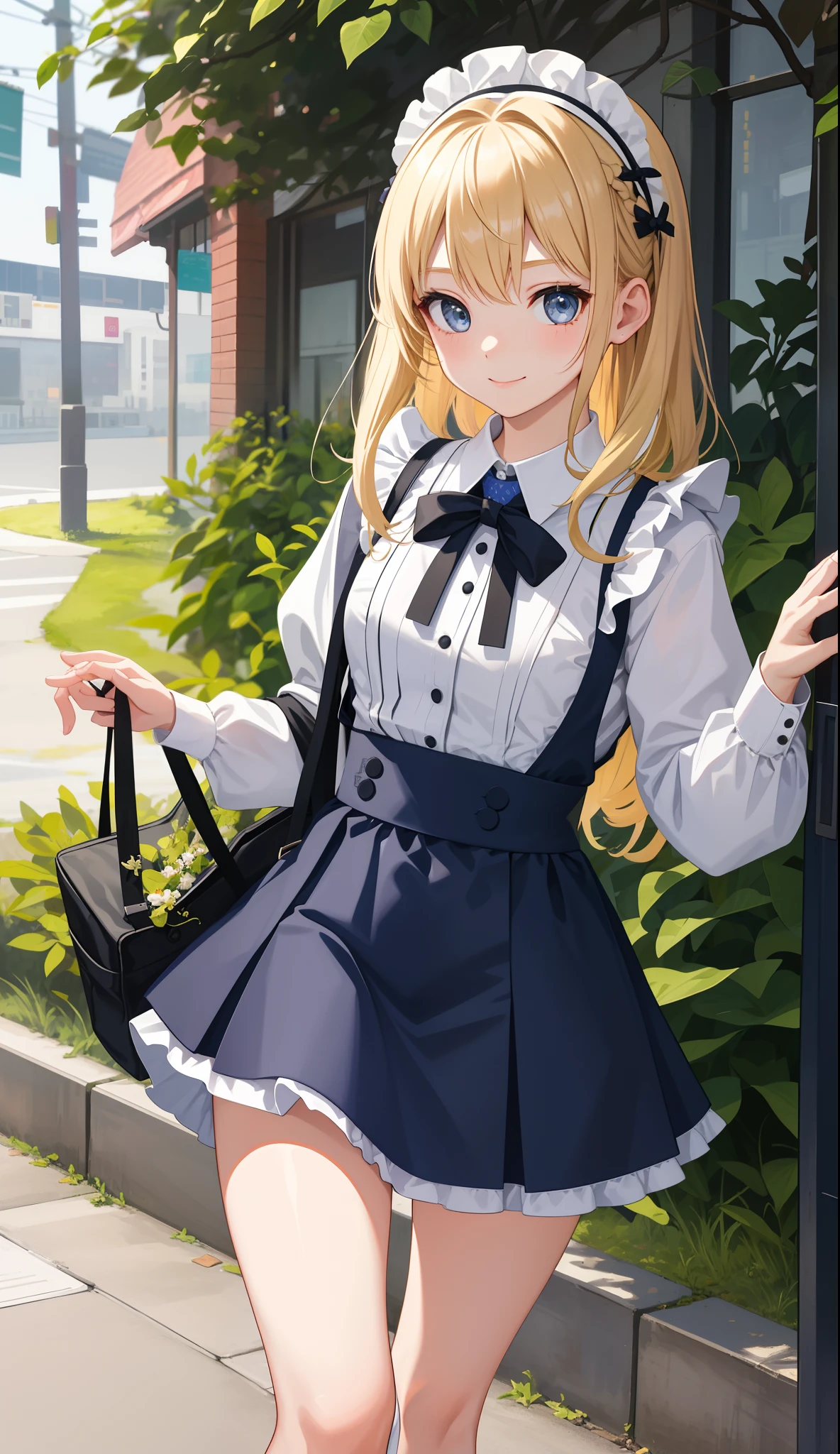 1girl in、AS-Adult、A smile、The shirt、Ultra mini skirt、pantiy、(small tits)、doress、pinafore、Hair decoration、(Maid costume)、Walking with a thigh、Upper body portrait、