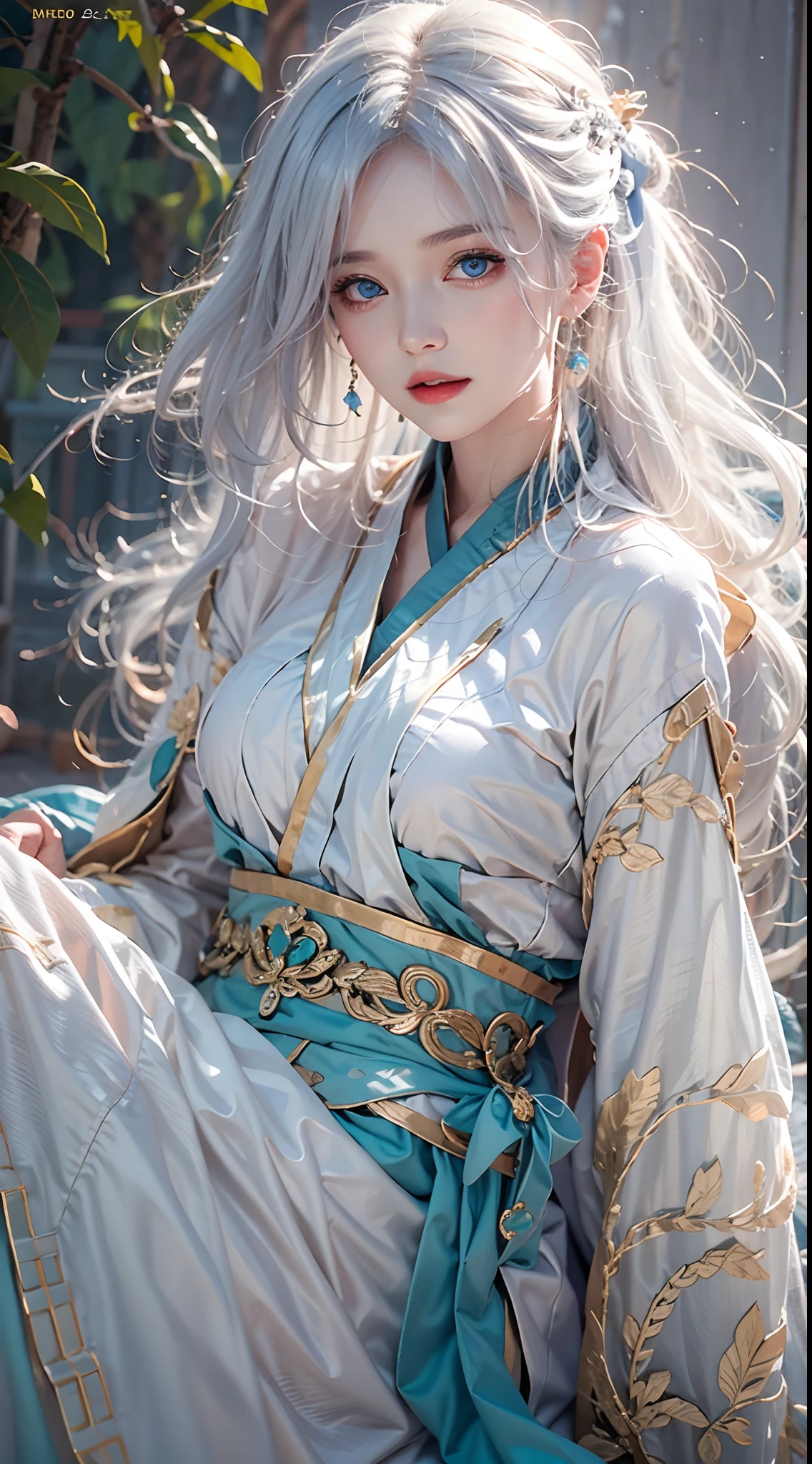 photorealistic, high resolution, soft lights, 1women, solo, hips up, blue eyes, white hair, long hair, hanfu