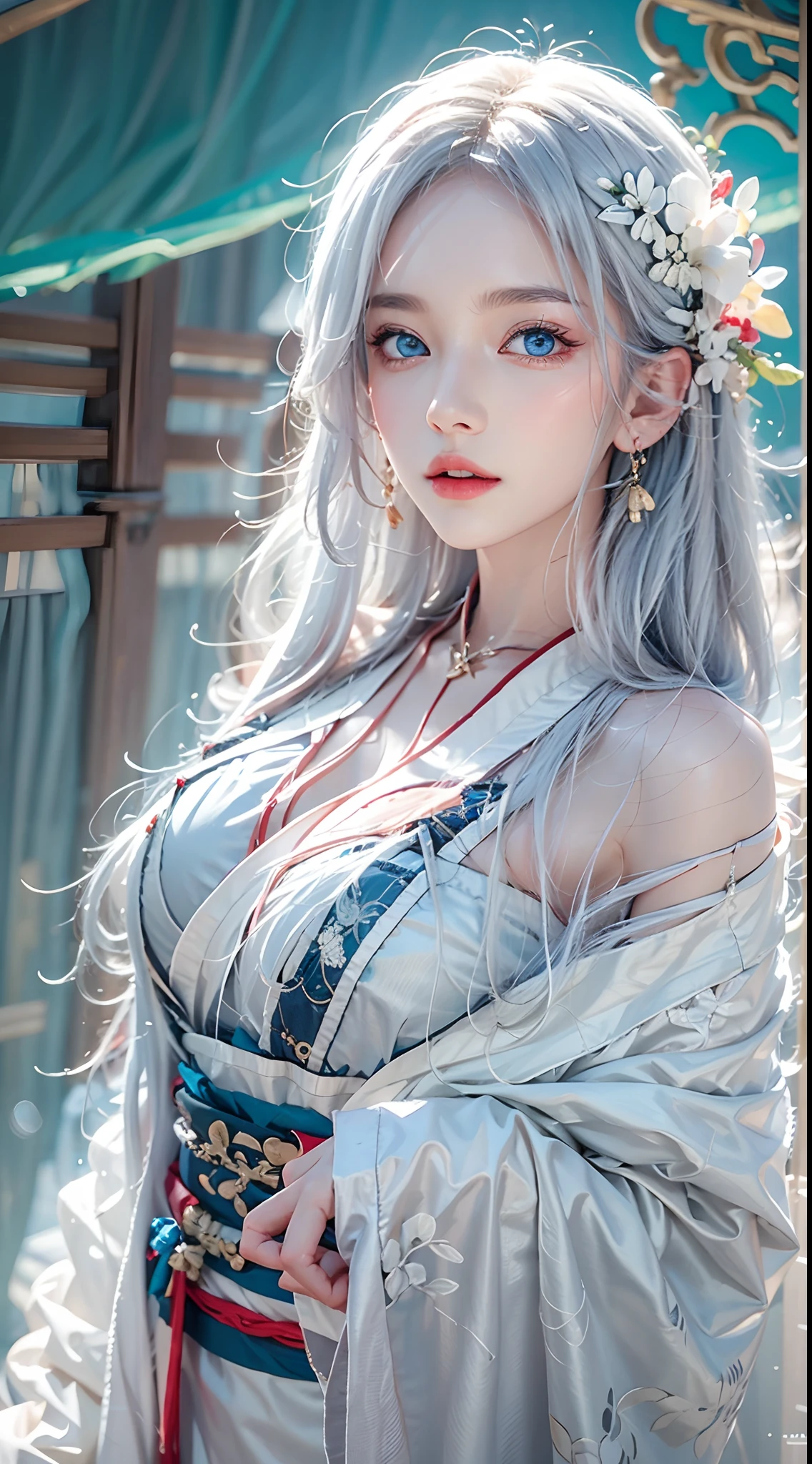 photorealistic, high resolution, soft lights, 1women, solo, hips up, blue eyes, white hair, long hair, hanfu