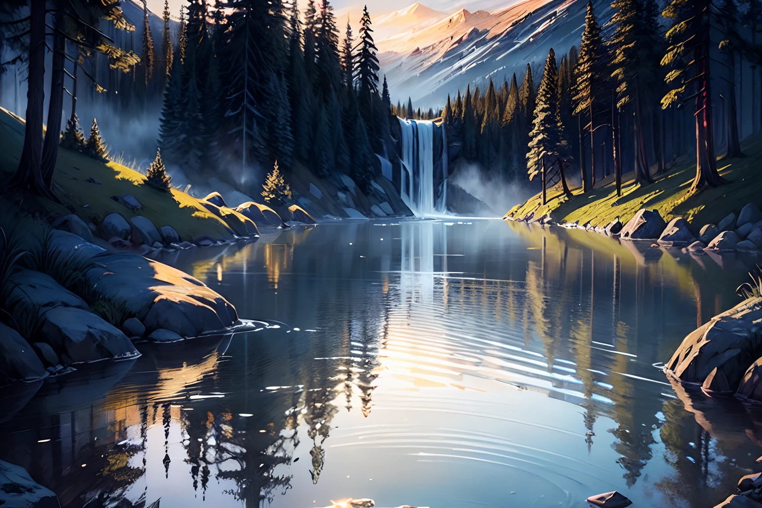 (utterly cute wolf drinking water with lake with waterfall:1.1), forest, create cool angle, pastel colored, sparkling water detailed surface, reflection, perfectly captured snapshot, exquisite high-definition drawing, unique rendering. unique perspective. intricate details, wonder sky glow, sharp and crisp resolution. high resolution of clarity. majestic nature, matte painting, (watercolor with ink pen outline, palette knife drawing, mezzotint). crisp clarity that is unmatched, highest quality, highly quality,