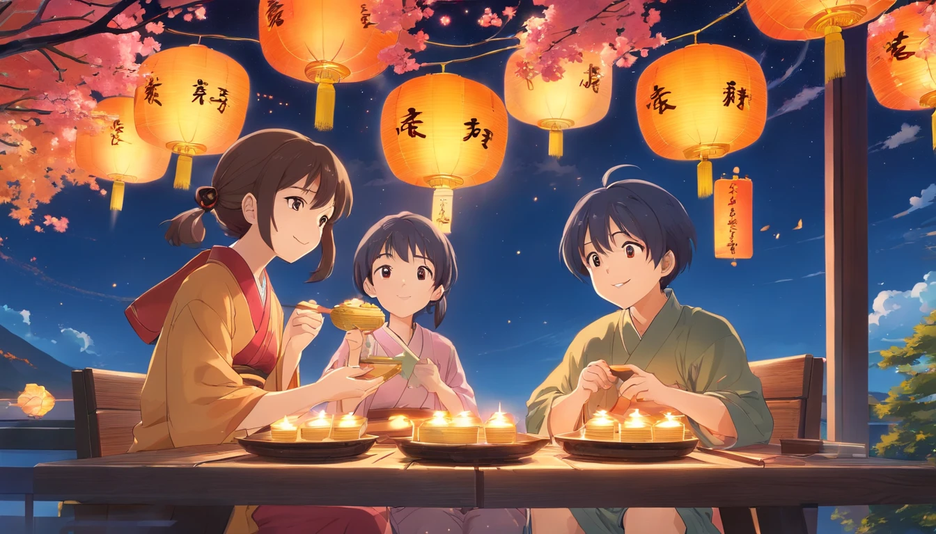 Mid-Autumn Festival, Auspicious clouds, Behind the huge moon, Warm colors, Full moon and stars in sky illustrationThe family sits together eating mooncakes, smile in face, Have in the living room、Bright house scene,extremely detailed face and skin,Heartwarming scene,perfect detail