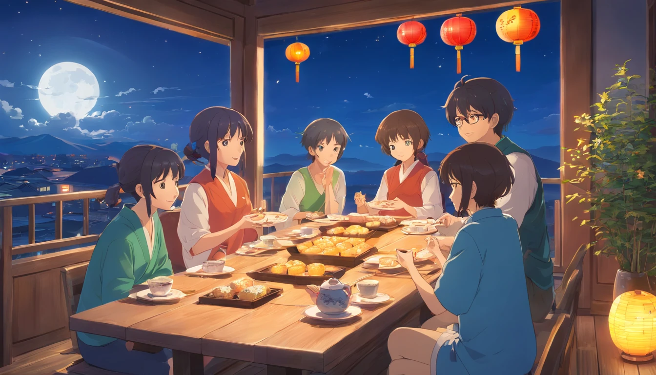 Mid-Autumn Festival, Auspicious clouds, Behind the huge moon, Warm colors, Full moon and stars in sky illustrationThe family sits together eating mooncakes, smile in face, Have in the living room、Bright house scene,extremely detailed face and skin,Heartwarming scene,perfect detail