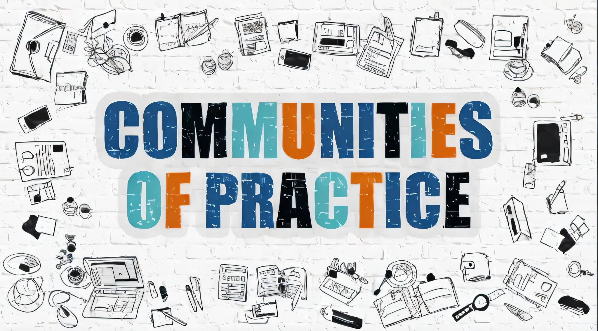 a white brick wall with the words communities of practice surrounded by doodles, community, promo image, practice, full image, high quality image, uploaded, comming, high quality picture, promo, splash image, trending photo, best practice, video, logo, logo, best on adobe stock, promo photo, best practices, by Nicolette Macnamara