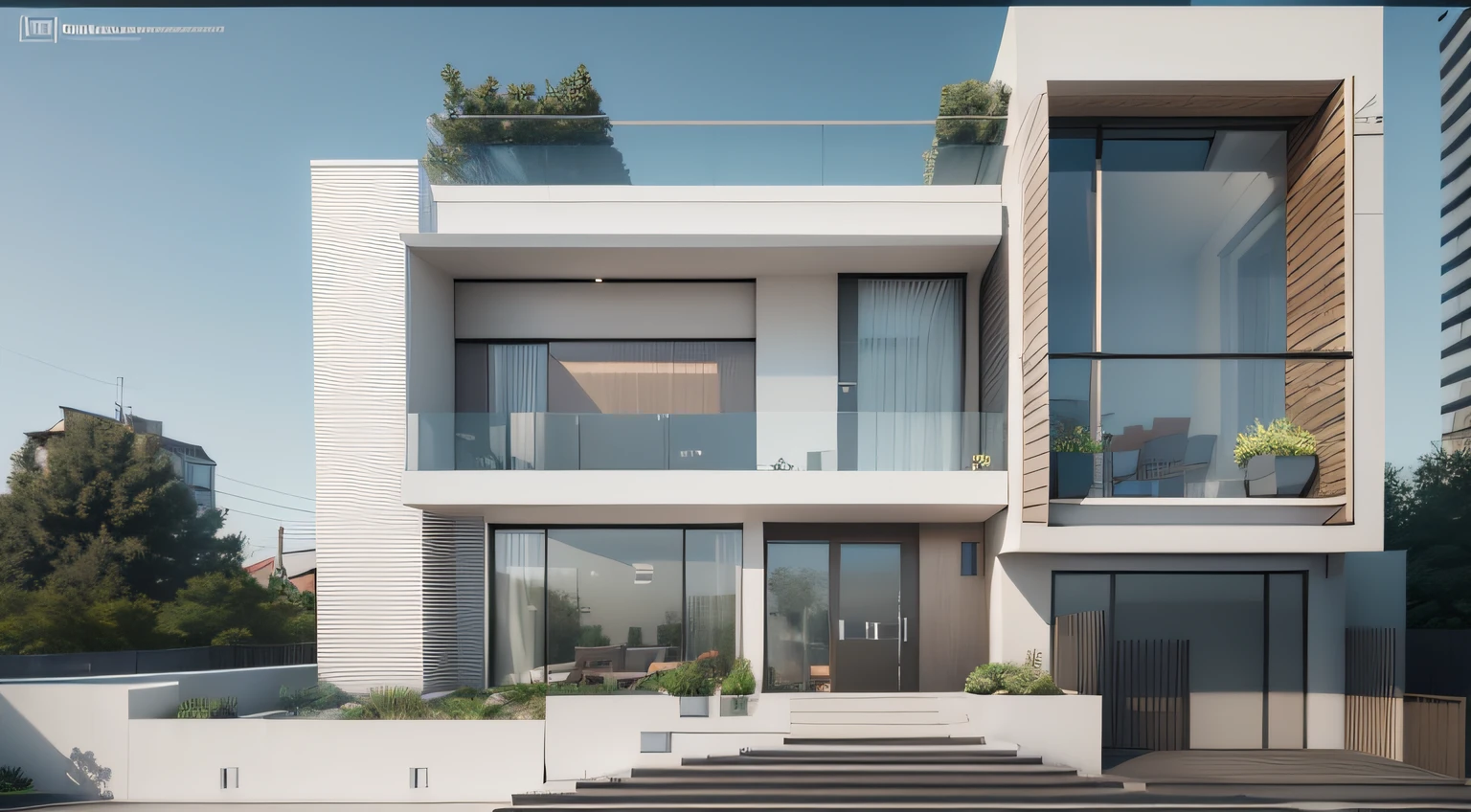 rendering of a modern house 5 meter facade, 2 floors, modern house, front view, architectural rendering, front view, exterior design, wide shot, architectural rendering, styled simple realism, aerial view, concept house, detailed rendering, concept rendering, architectural ideas, large modern residence, facade, curved shape
