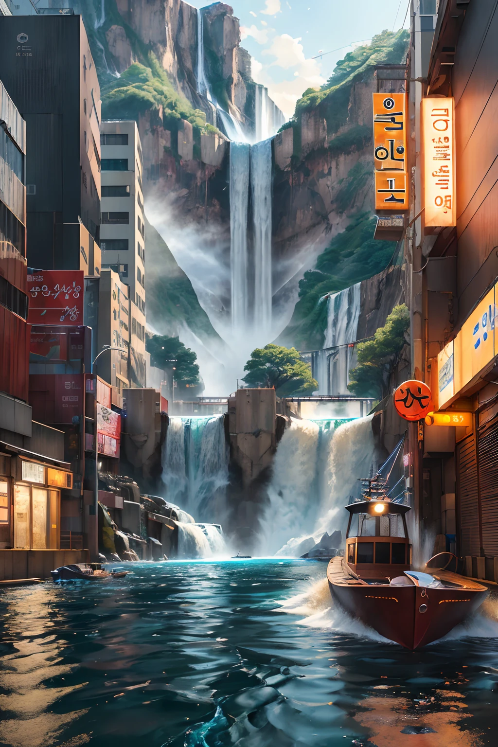 lonely ally in Seoul, ((big majestic waterfall)), ((boat)), flowing, cyberpunk city from sci-fi movie, empty street, Korean, Korean signs, intricate, hyper-detailed, realistic, ultra-realistic, high quality, ultra detail, crazy detail, photo realism, 8k