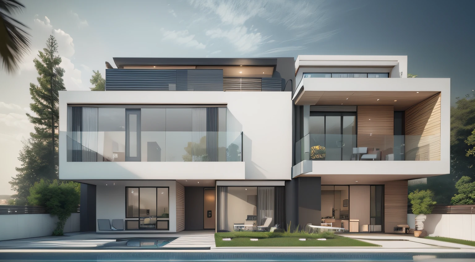 rendering of a modern house 5 meter facade, 2 floors, modern house, front view, architectural rendering, front view, exterior design, wide shot, architectural rendering, styled simple realism, aerial view, concept house, detailed rendering, concept rendering, architectural ideas, large modern residence, facade, curved shape