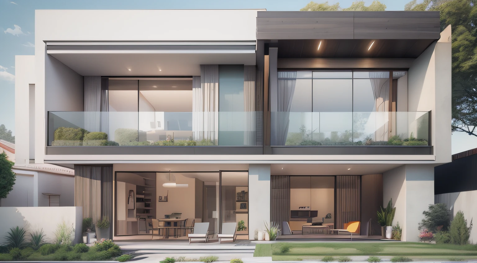 rendering of a modern house 5 meter facade, 2 floors, modern house, front view, architectural rendering, front view, exterior design, wide shot, architectural rendering, styled simple realism, aerial view, concept house, detailed rendering, concept rendering, architectural ideas, large modern residence, facade, curved shape