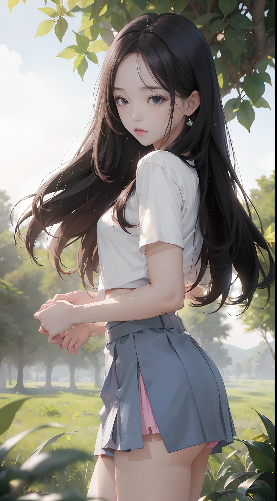 ((Jisoo from Blackpink)), white t-shirt, tiny blue pleated skirt, pink panties, black tights to the waist, black high heels, close-up from thighs to face, shot from below, very fair skin, very long hair, wavy hair , camp, forest, photorealistic, indirect lighting, volumetric light, ray tracing, hyperdetailed, best quality, high resolution, HDR, 8k