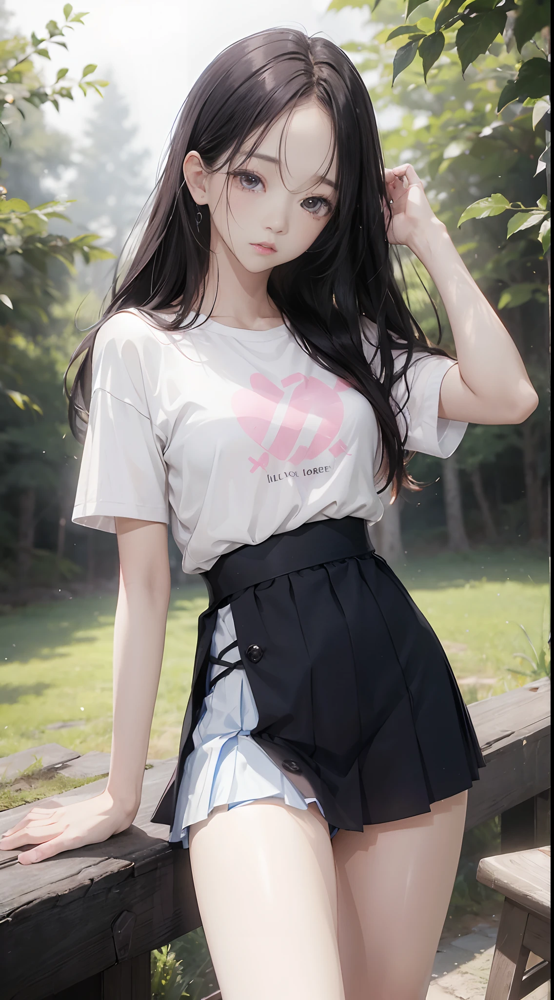 ((Jisoo from Blackpink)), white t-shirt, tiny blue pleated skirt, pink panties, black tights to the waist, black high heels, close-up from thighs to face, shot from below, very fair skin, very long hair, wavy hair , camp, forest, photorealistic, indirect lighting, volumetric light, ray tracing, hyperdetailed, best quality, high resolution, HDR, 8k