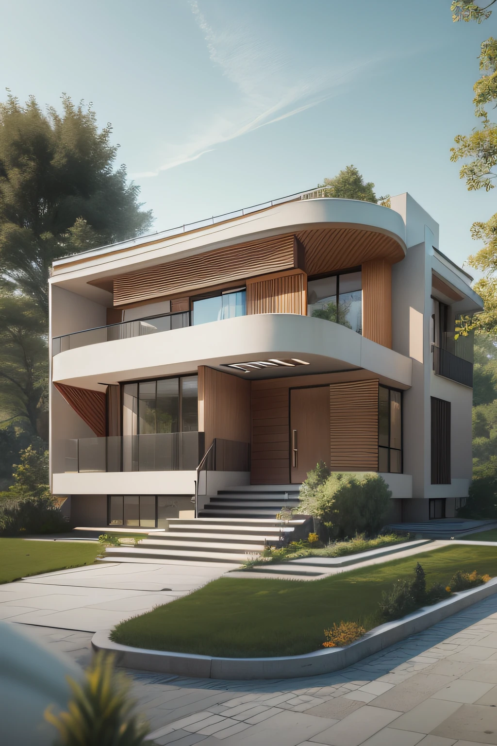 rendering of a modern house with 5 meters wide, 2 floors, contemporary house, front elevation view, architectural rendering, frontview, exterior design, wide establishing shot, architectural render, in style of simplified realism, elevation view, concept house, detailed rendering, conceptual rendering, architectural concept, large modern residence, front elevation, ounded shapes, curved shapes